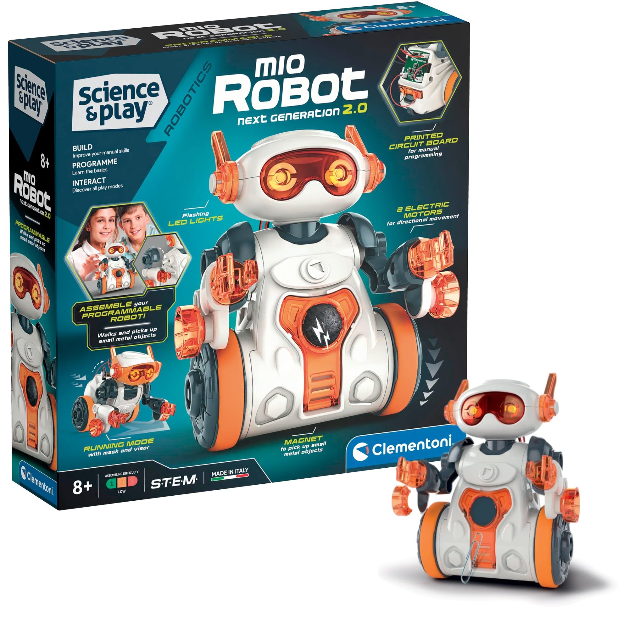 Clementoni - Mio The Robot Next Generation 2.0 - Múltiples modos de juego y aplicación gratuita - Electrónica de juego y ciencia - Luces de sonidos y movimientos - Inglés - 75143