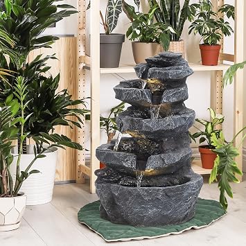 5-Tier Cascading Rock Water Fountain Outdoor Garden Waterfall with Lights, Outside Patio Water Features Fountain, for Patio, Backyard, Porch and Home Art Decor (Black B)