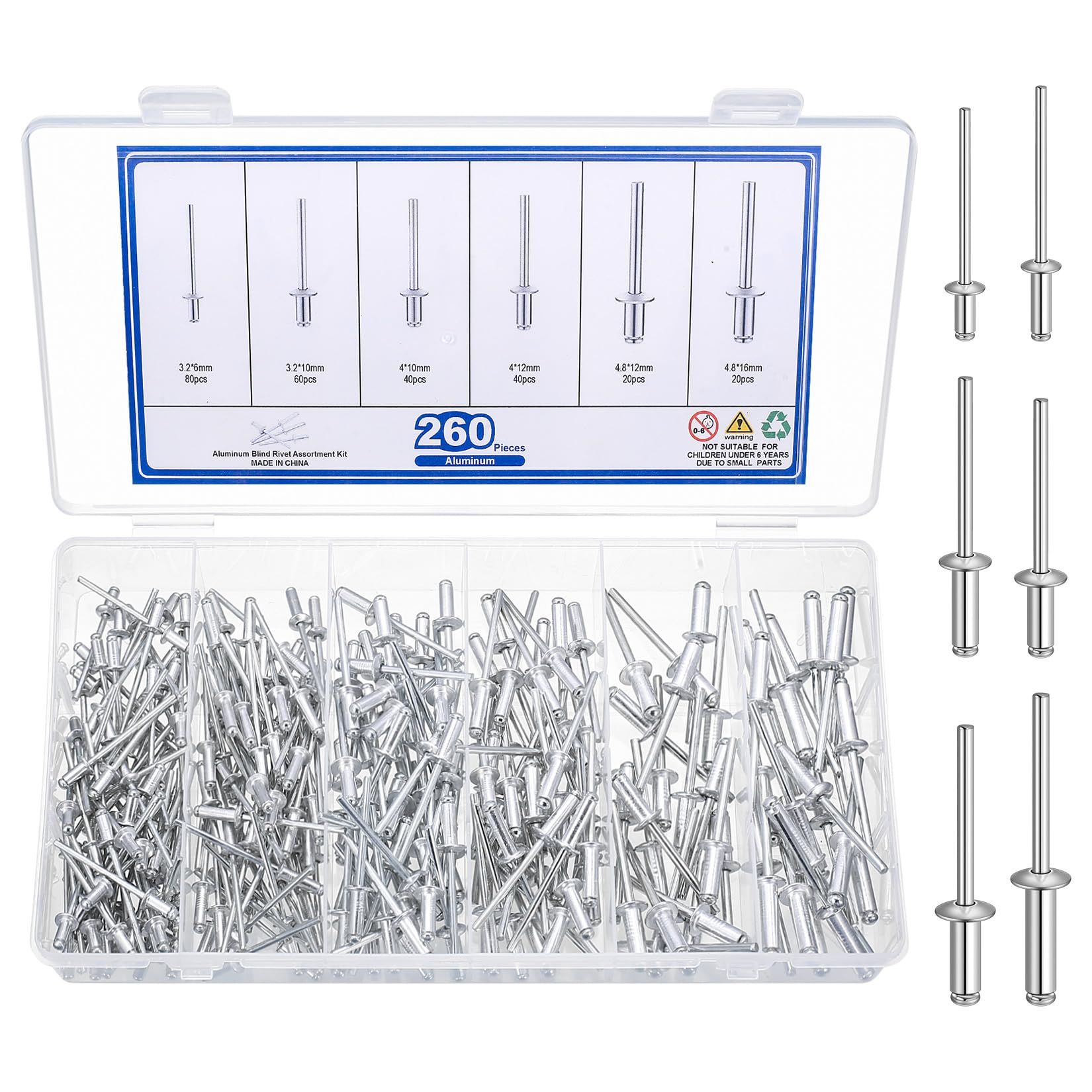 260 Pcs Pop Rivets Assortment, Blind Rivetss, Aluminum Blind Rivet Kit, Rivets for Metal Furniture Construction Marine Hardware Accessory(M3.2x6/10 mm, M4x10/12 mm, M4,8x12/16 mm)