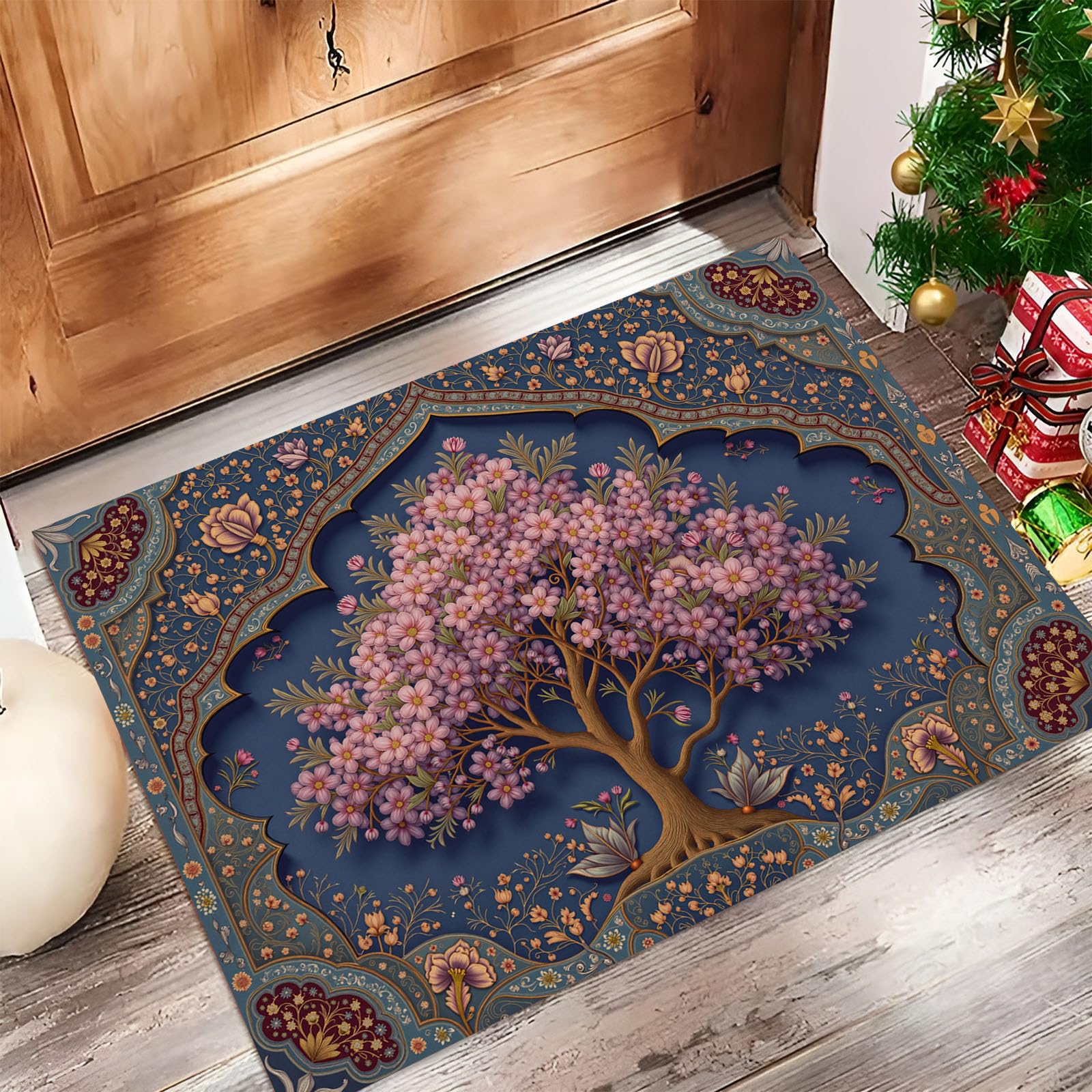 Paillasson Art Persan Bleu Foncé Tapis Intérieur avec Bordure d'Arbres