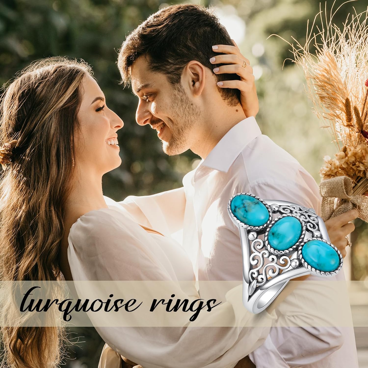 Turquoise Rings for Women 925 Sterling Silver 3 Stones Genuine Turquoise Vintage Western Statement Ring Jewelry Gifts for Birthday - Image 6