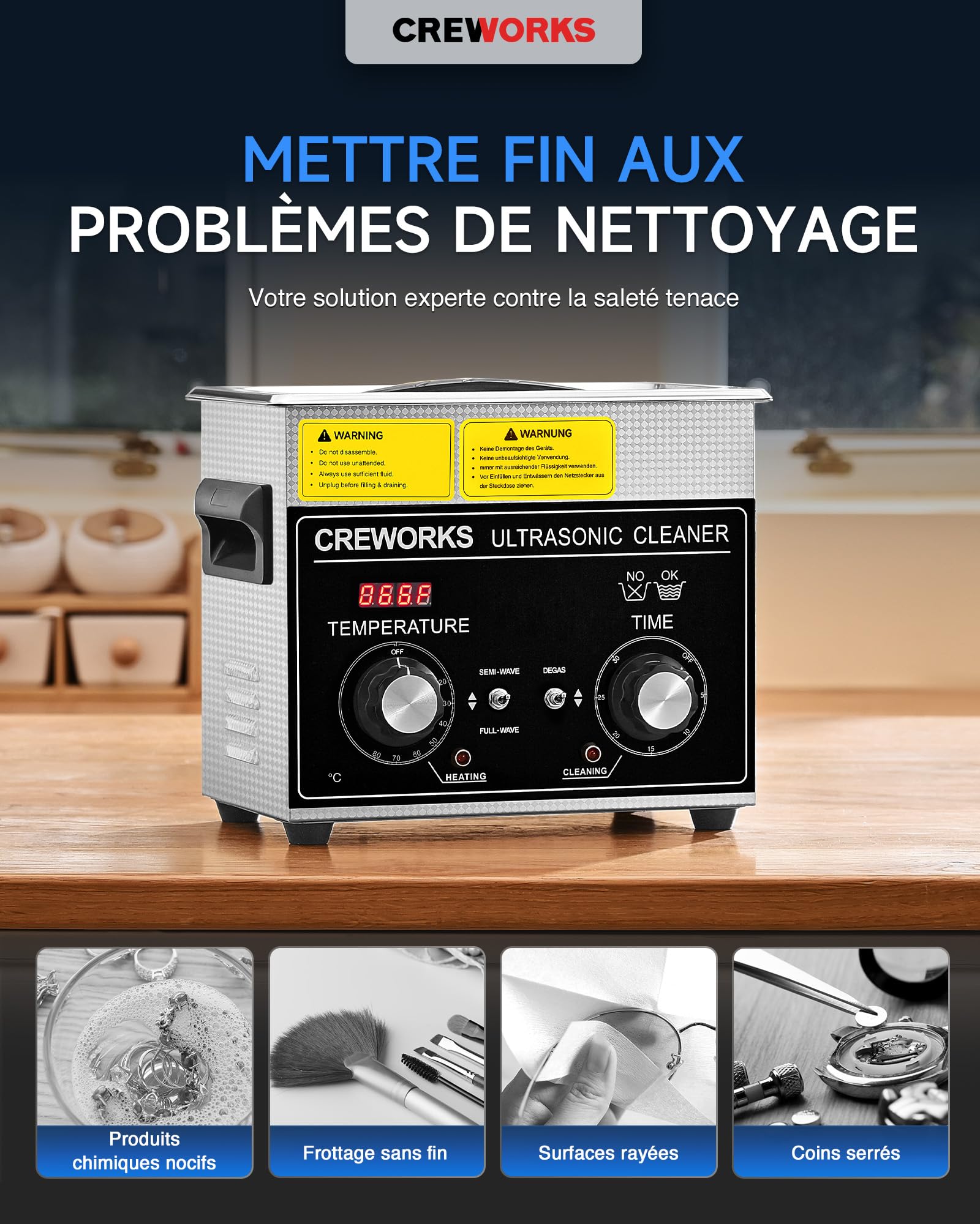 CREWORKS 3L Nettoyeur à Ultrasons Professionnel丨Puissance 120W丨Chauffage 100W丨Minuterie 1-30min丨Mode Dégazage et Mode Doux, Bac à Ultrasons Commercial Machine de Nettoyage Ultrasonique