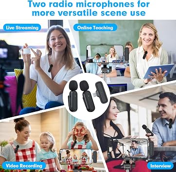 2-Pack Wireless Lavalier Microphone for iPhone Android - Plug and Play Noise Reduction Clip-on Mic with Charging Case, for Vlogging YouTube Live Streaming Zoom Meetings Video Recording Youtuber