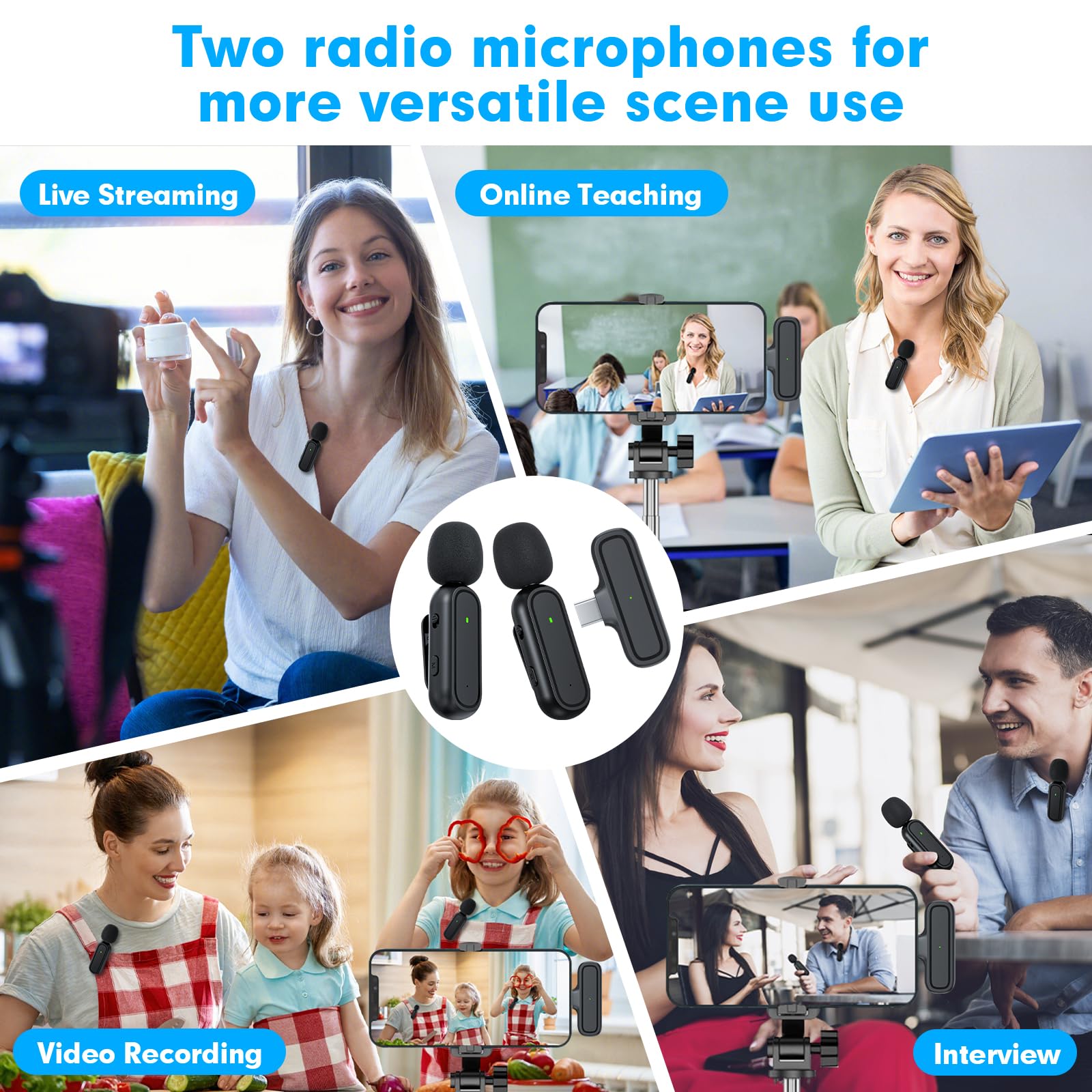 Microfono Lavalier wireless per iPhone Android Camera USB-C con custodia di ricarica, cancellazione del rumore, mini microfono wireless per YouTube, TikTok, Vlog, Game Live Streaming, interviste