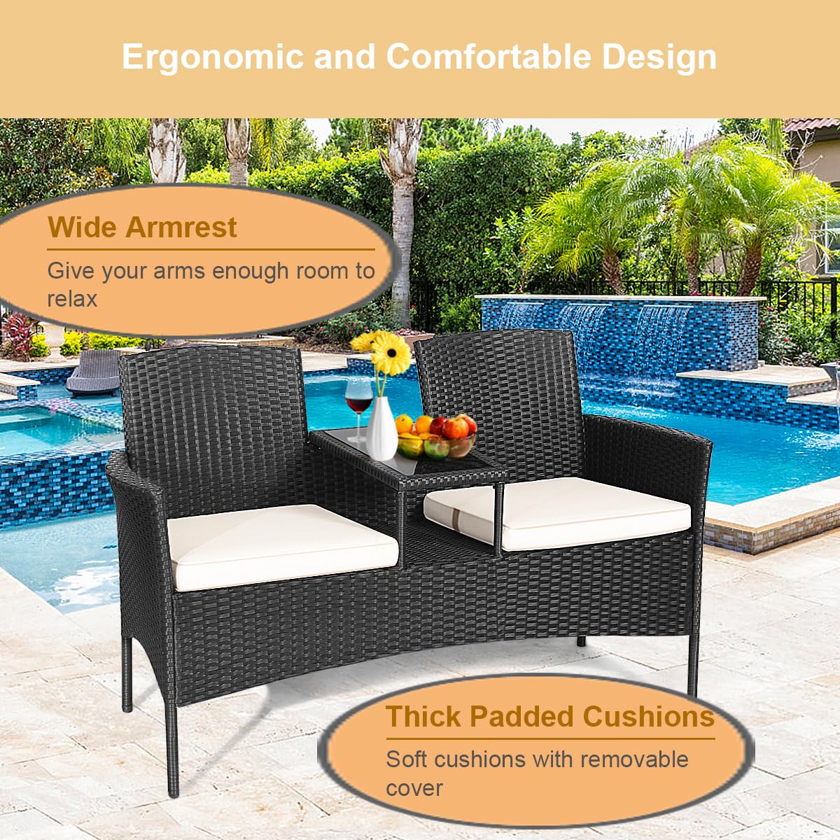 LIFEZEAL Panca doppia in rattan, poltrona da giardino per 2 persone, con tavolino in vetro temperato, sedia divano a 2 posti con cuscini, mobile di conversazione per balcone patio