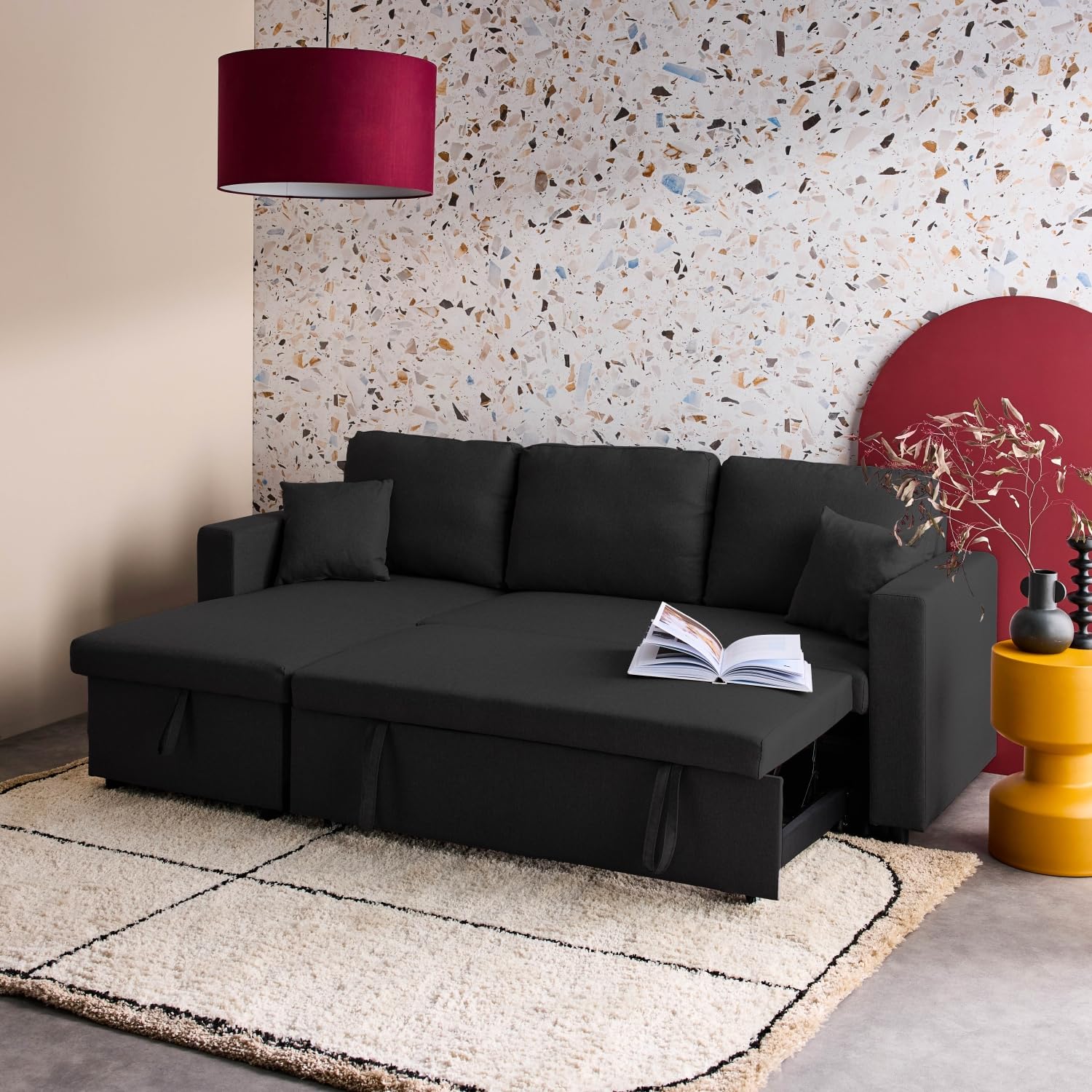 sweeek Divano letto compatto in tessuto, 3 posti Nero - 213.5x136.5x83 cm