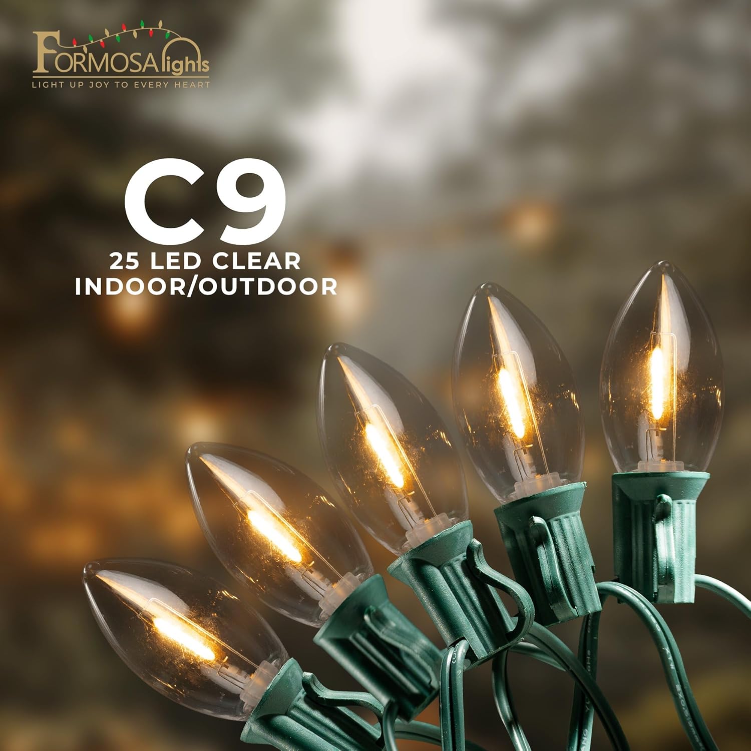 C9 26ft Indoor/Outdoor Clear LED Christmas String Lights with 25 Bulbs and E17 Base | 120V, 0.6W