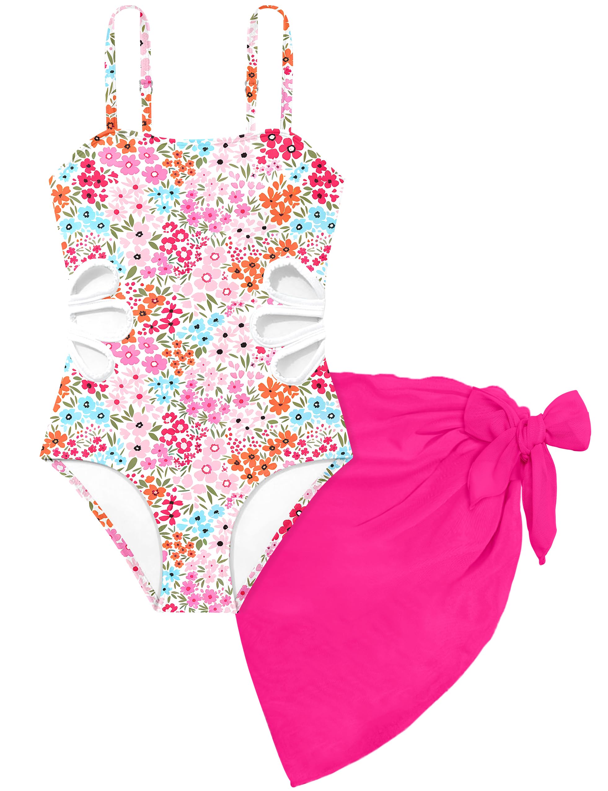 Girls Swimsuit Adjustable Straps Cut Out One Piece Bathing Suit with Solid Color Cover Up Skirt Girls' Swimwear 5-16Y