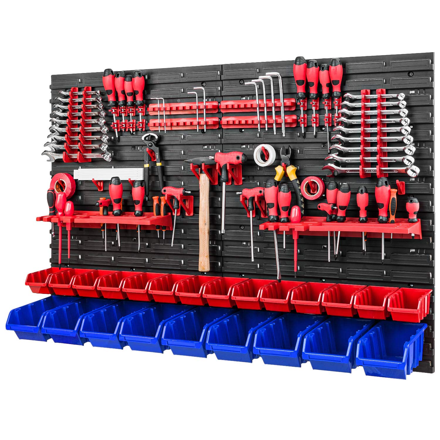 Werkzeugwand Stapelboxen - 1152 x 780 mm - Lagersystem SET Werkzeughaltern und 23 Rot/Blau Boxen - Wandregal Werkstattregal Lochwand Schüttenregal Sichtlagerkästen