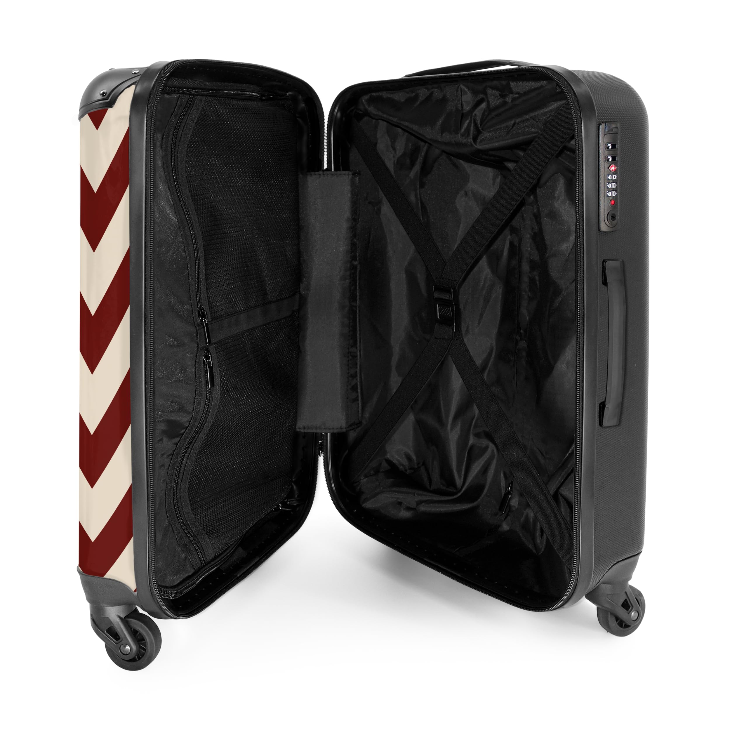 NoBoringSuitcases.com® Koffer Mittelgroß 67x43x25 cm Hartschalenkoffer Trolley Rollkoffer 4 Rollen Leicht Hartschale Größe M Muster - Zickzack - Rot - Beige
