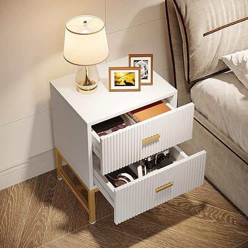 Miniatura 4 de Tribesigns Mesita de noche Beadside Table Gold mesa auxiliar moderna con 2 cajones, mesa auxiliar de sofá de madera con 2 cajones para dormitorio,