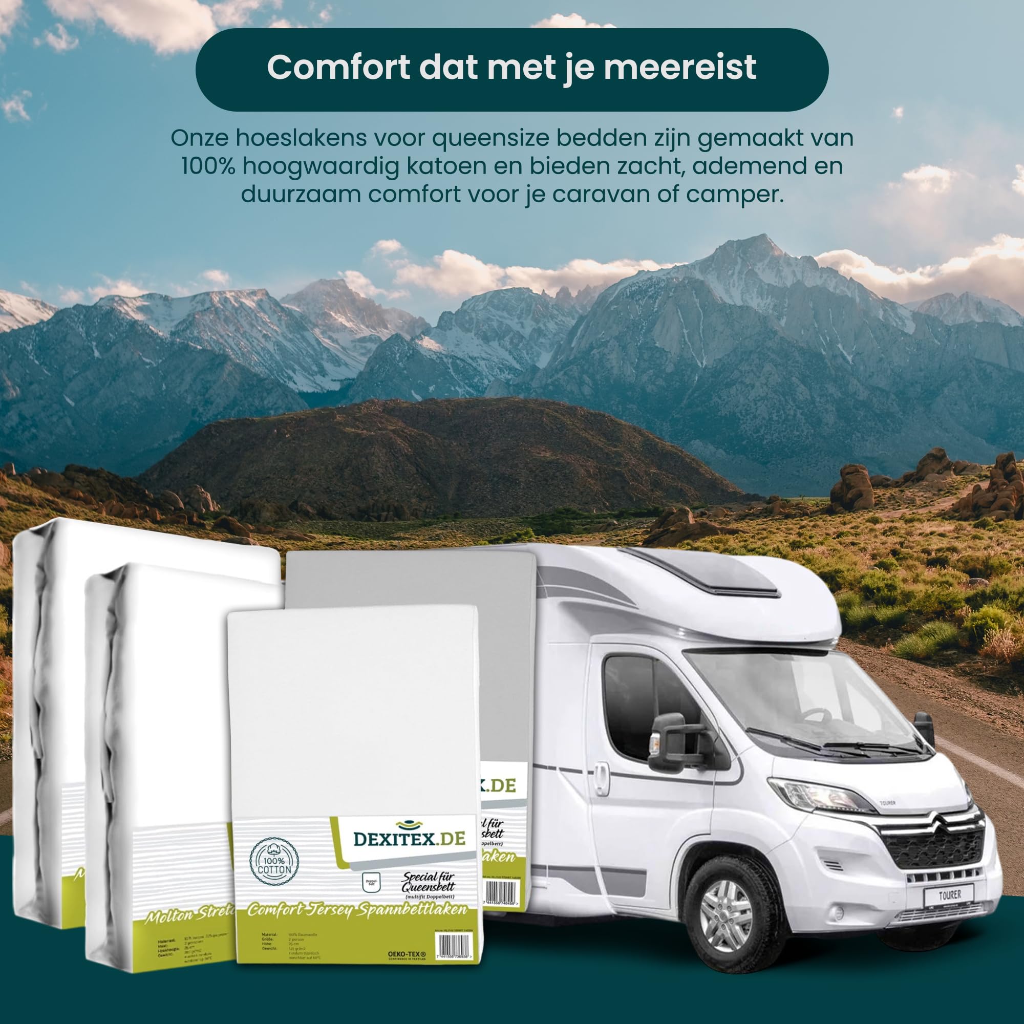 Spannbettlaken Queensbett fur Wohnmobil oder Wohnwagen 4er Set- 2 Molton & 2 Spannbettlaken 1 Grau + 1 Weiß (135-160cm x 210cm) - 100% Baumwolle - Oeko-TEX