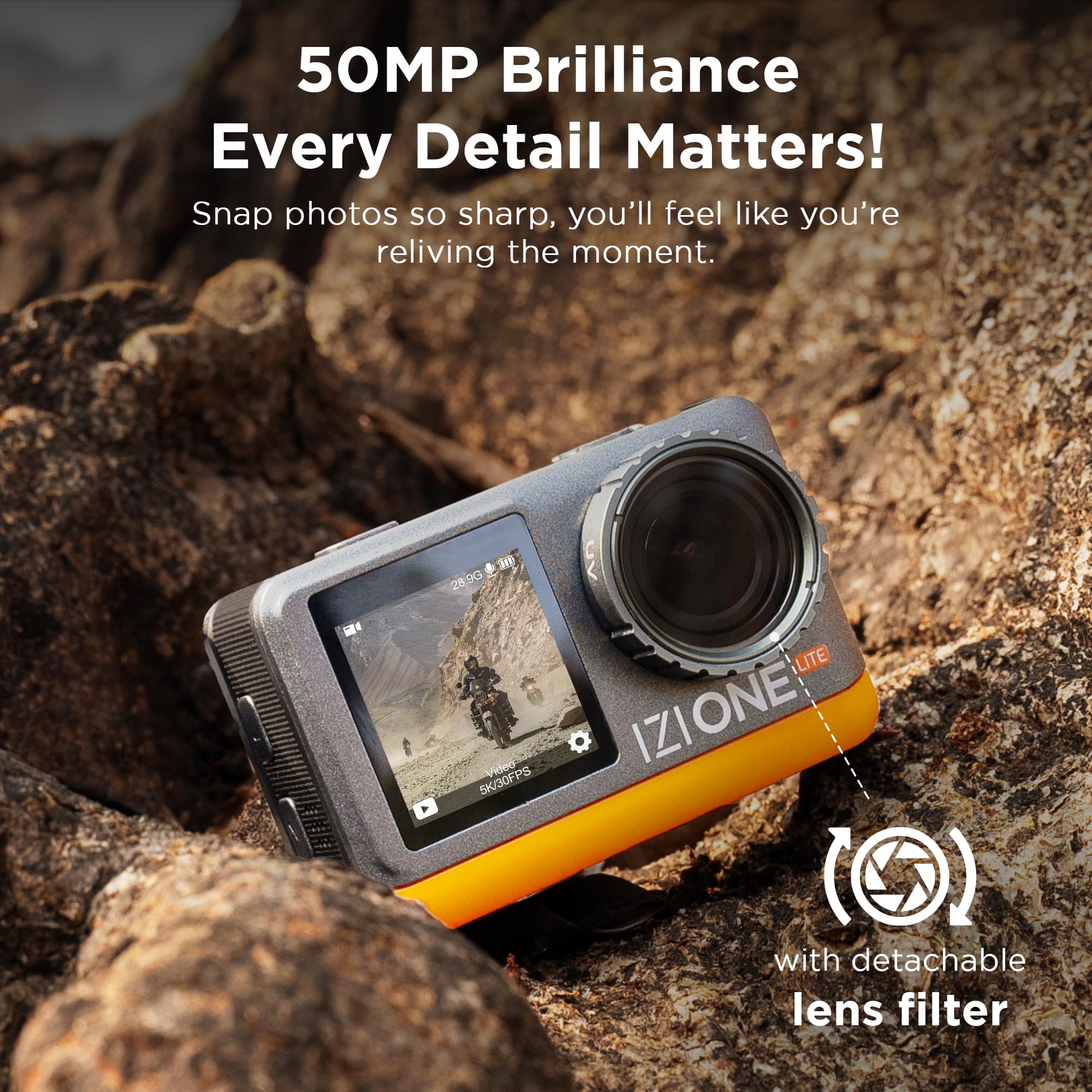 IZI One Lite 5K Action Camera - 4K 60FPS 50MP Ultra HD Action Cam, Dual Screen, EIS Stabilization, 170° Wide Angle, 30M Waterproof, 2-Battery - 180 mins Action, 256GB SD Card Support Action Camera. - Image 6 thumbnail