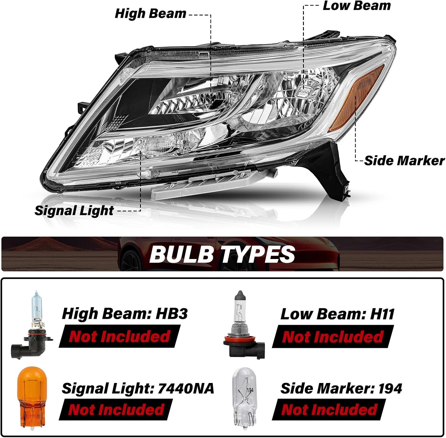 BRYGHT Halogen Headlight Assembly Fit for 2013 2014 2015 2016 Nissan Pathfinder OEM Replacement Headlamp LH (Left/Driver Side), Chrome Housing and Amber Reflector, w/o Bulbs