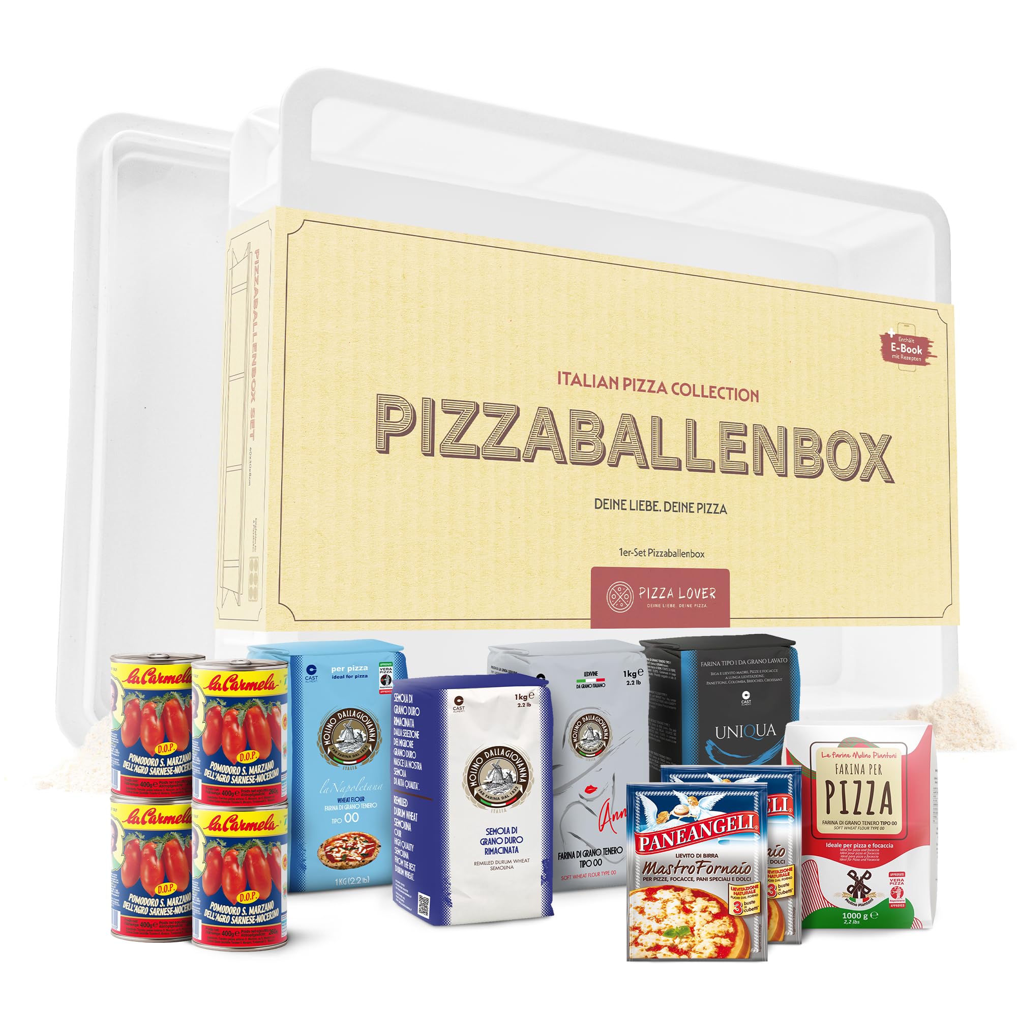 Pizzaballenbox Set – Gärbox 30x40x7,5 cm mit Deckel + 4x San Marzano DOP Tomaten + Mehle von Molino Dalla Giovanna (LaNapoletana, Semola, Uniqua) + Farina per Pizza + 2x Paneangeli Hefe + E-Book