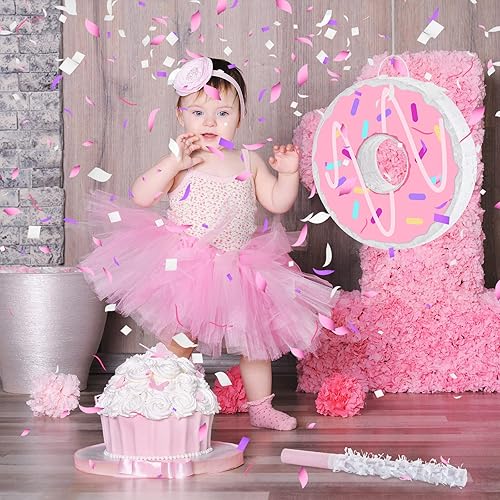 Miniatura 6 de Pinata de dona, piñata pequeña de 12.6 pulgadas con barra de piñata y confeti, decoración de fiesta de donas para cumpleaños, aniversario,