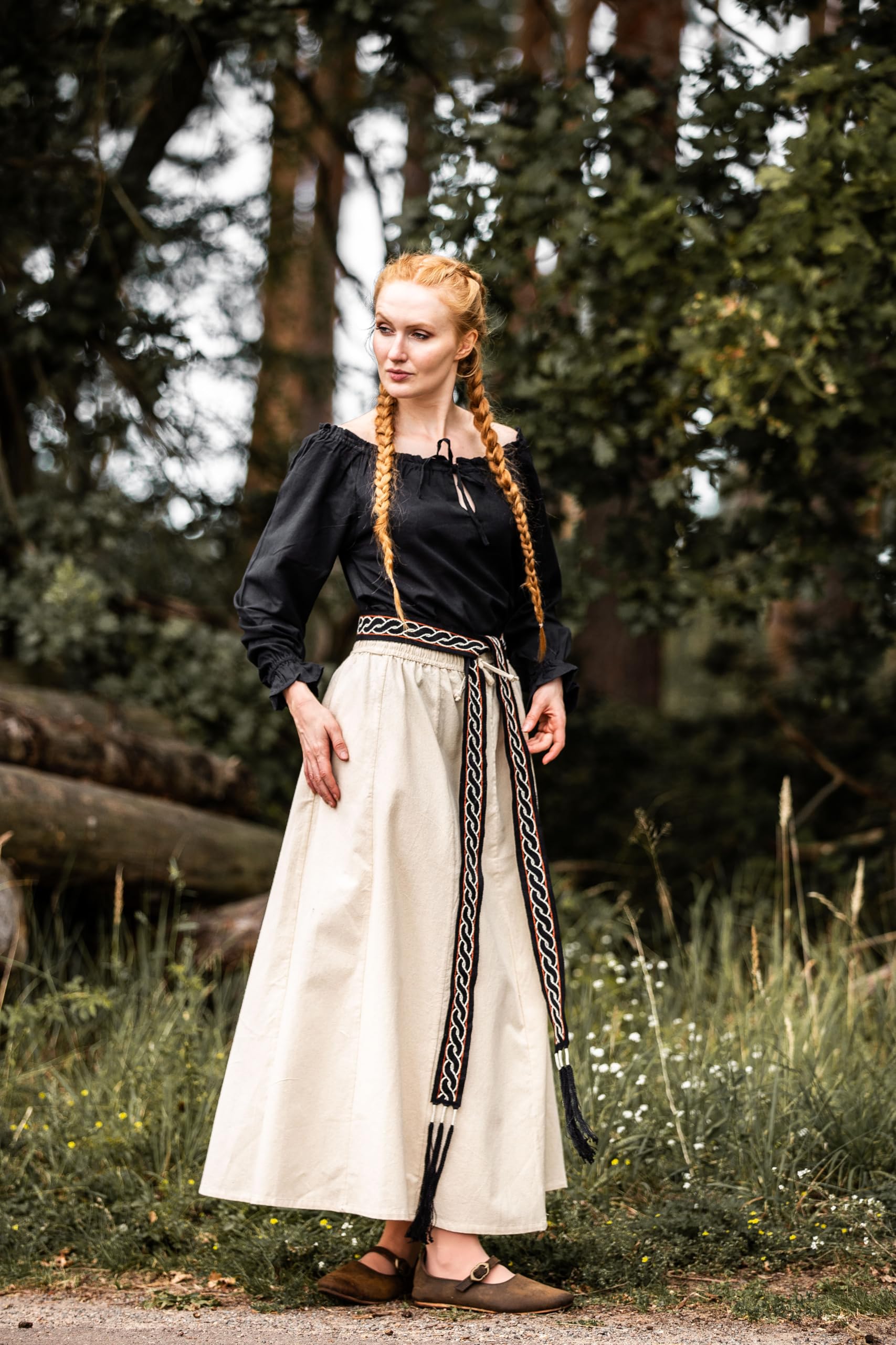 Leonardo Carbone® Damen Bluse Mittelalterbluse Edith | Offenschulterig | Rüschenärmel | Karneval, Halloween, Cosplay, LARP, Kostüm, Mittelalter, Festkleidung | 100% Baumwolle Schwarz L