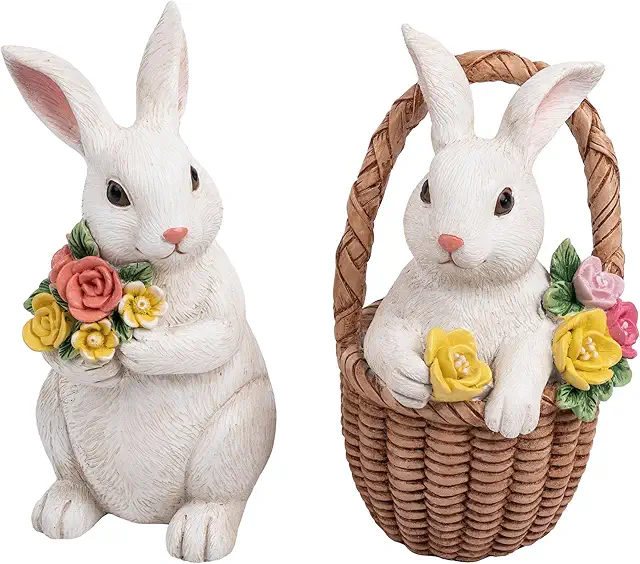2 Stück Osterhasen Deko Figuren Groß für Garten & Tisch - 16cm Harz Hasen mit Blumenkörbchen