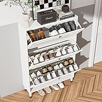 Vista 6 de Zapatero con 3 cajones abatibles, almacenamiento de zapatos oculto de madera para entrada, armario estrecho independiente con estantes ajustables