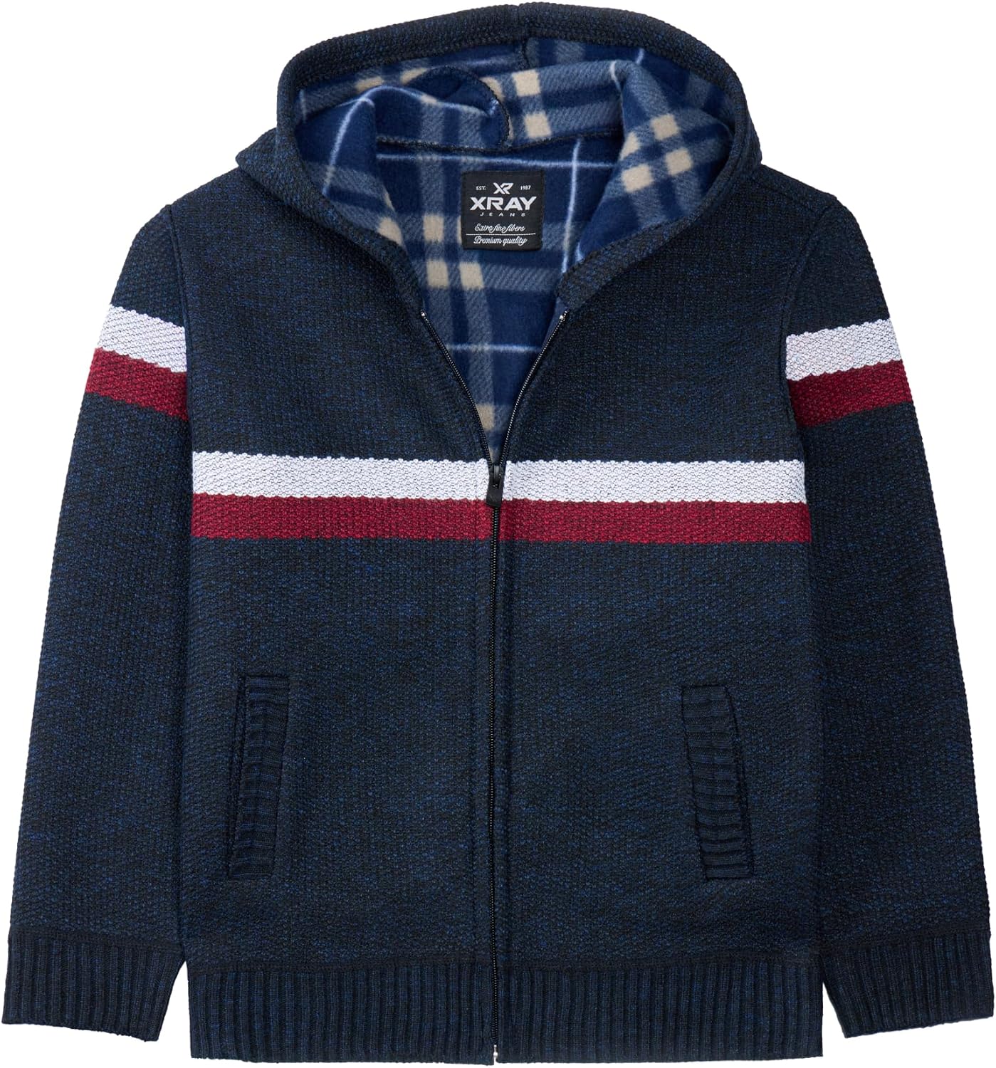 X RAY Boys (6-12) Full Zip Fleece Blue Flannel Lining Sweater with Hood, Kids Knit Sweater for Spring, Fall and Winter