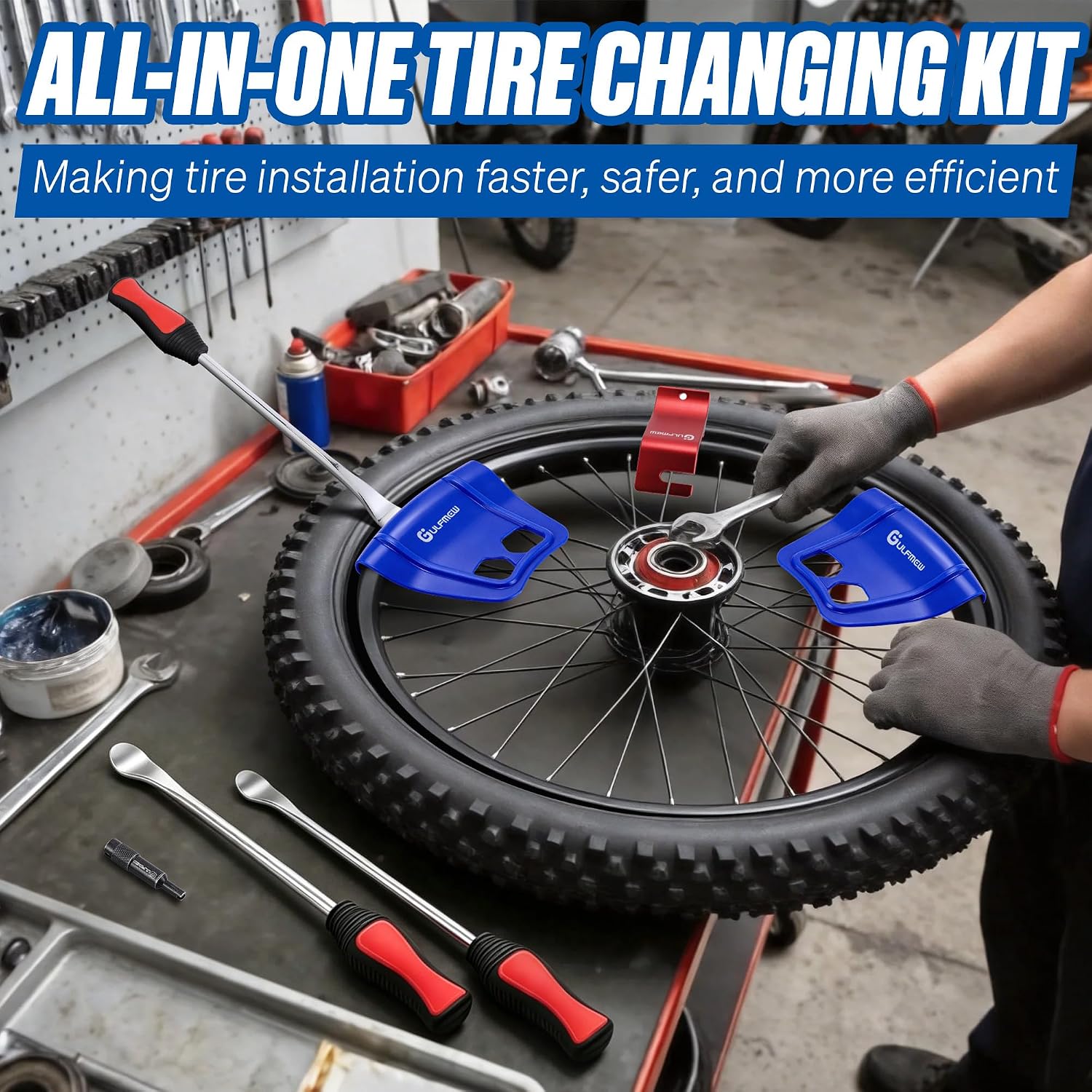Motorcycle Tire Spoon Kit, Dirt Bike Lawn Mower Tire Removal Tool, Includes 3 x12 inch Spoon Irons, 2 Rim Shield Protectors, 1 Tyre Bead Holder, 1 Valve Core Remover and 1 Portable Bag