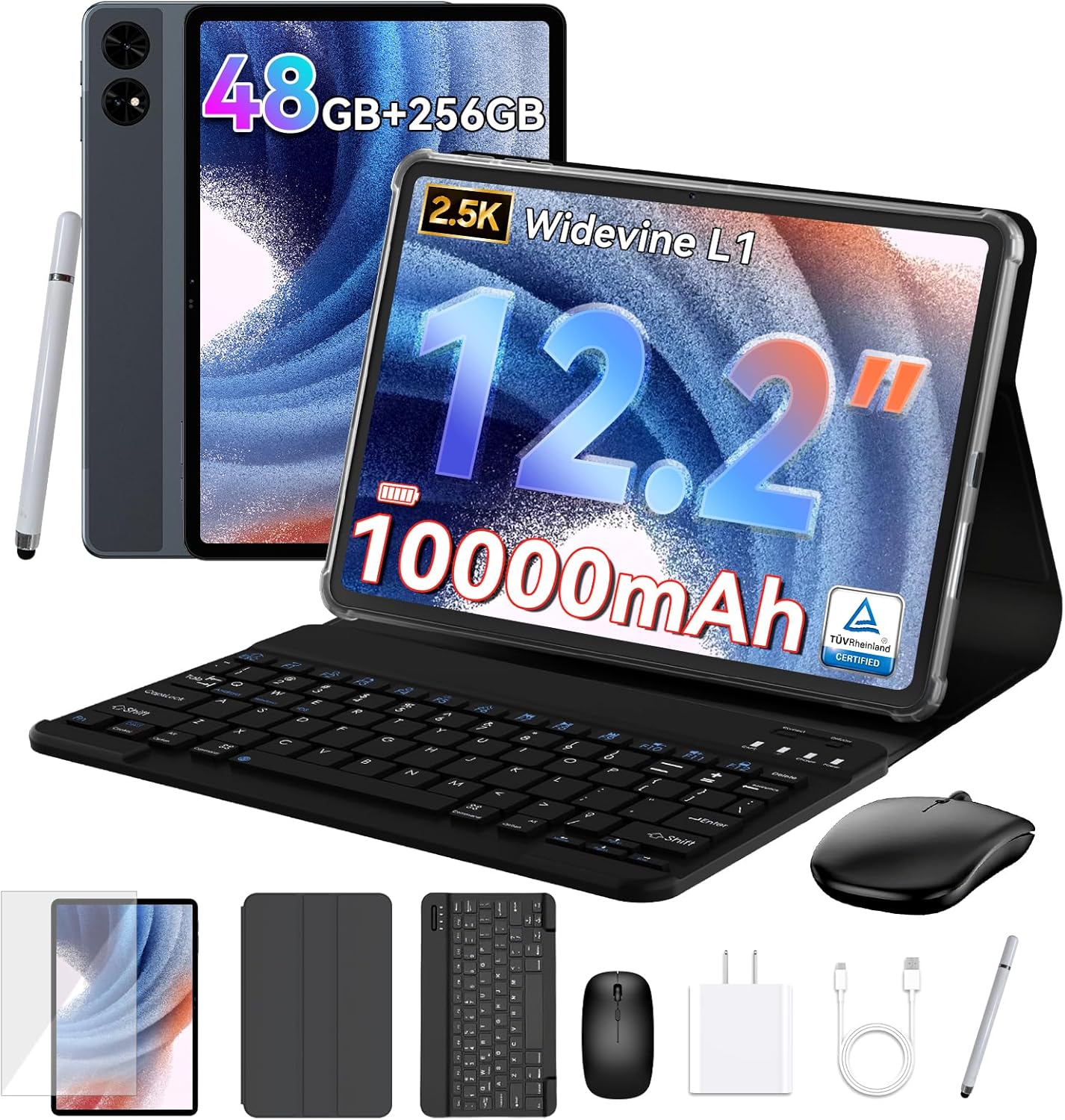 TABWEE T60 12.2-Inch Android 16 Tablet with Keyboard: 48GB RAM, 256GB Storage, 2.5K Display, 10000mAh Battery, 4-Year Warranty