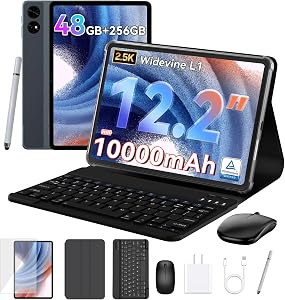 2026 Upgraded 12.2 inch Tablet, Android 16 Tablet with Keyboard, 2.5K QHD Display for High-Res Gaming/Art/Productivity, Up to 48GB+256GB+2TB TF,Octa-Core/10000mAh/Widevine L1/GMS/GPS/4-year Warranty