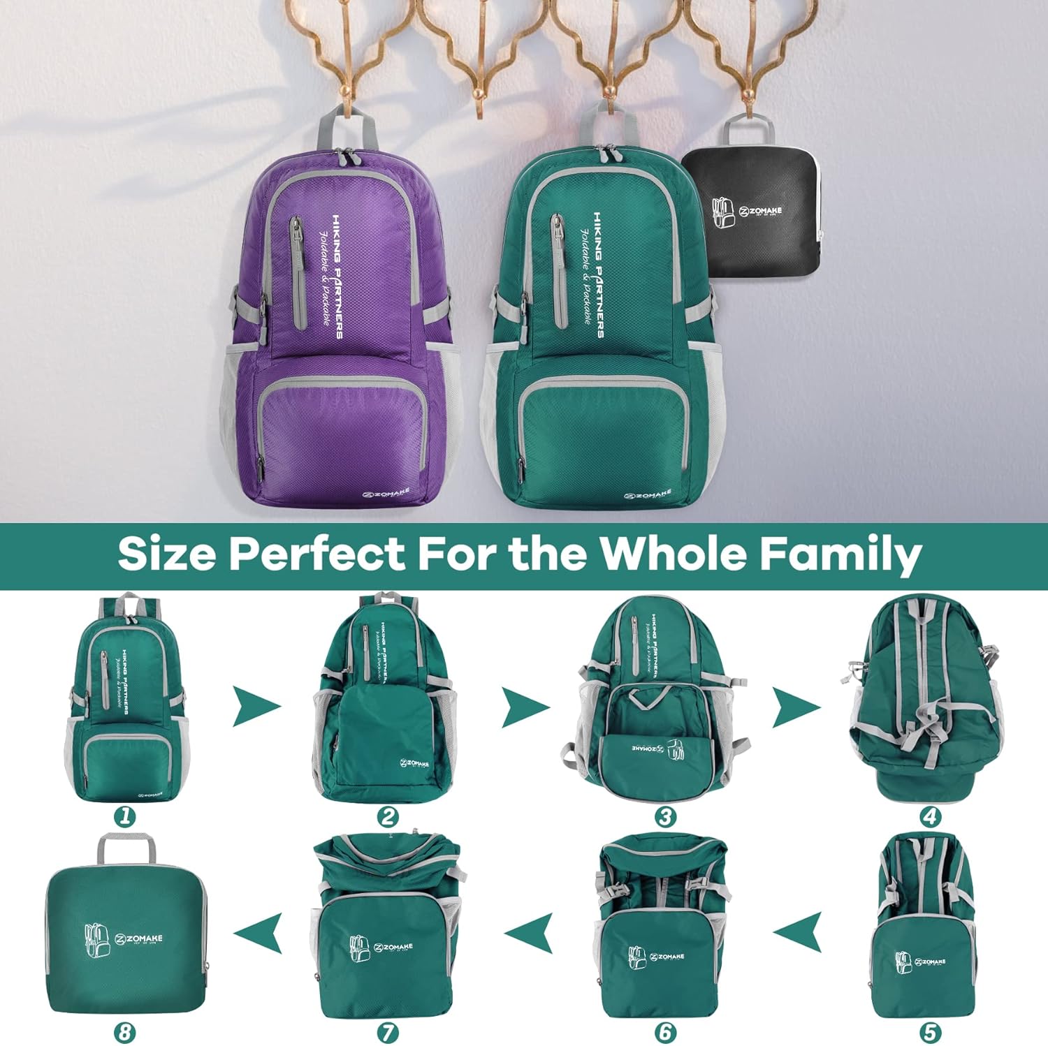 ZOMAKE Lightweight Packable Backpack, 35L Light Foldable Hiking Backpacks Water Resistant Collapsible Daypack for Travel(Dark Green) - Image 5