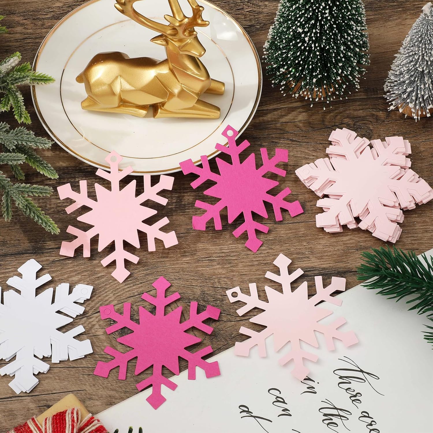 Whaline 120Pcs Winter Paper Gift Tags Pink White Snowflake Hanging Name Tags with Hemp Rope Snowflake Label Tags for Christmas Party Favor Decor Supplies - Image 3