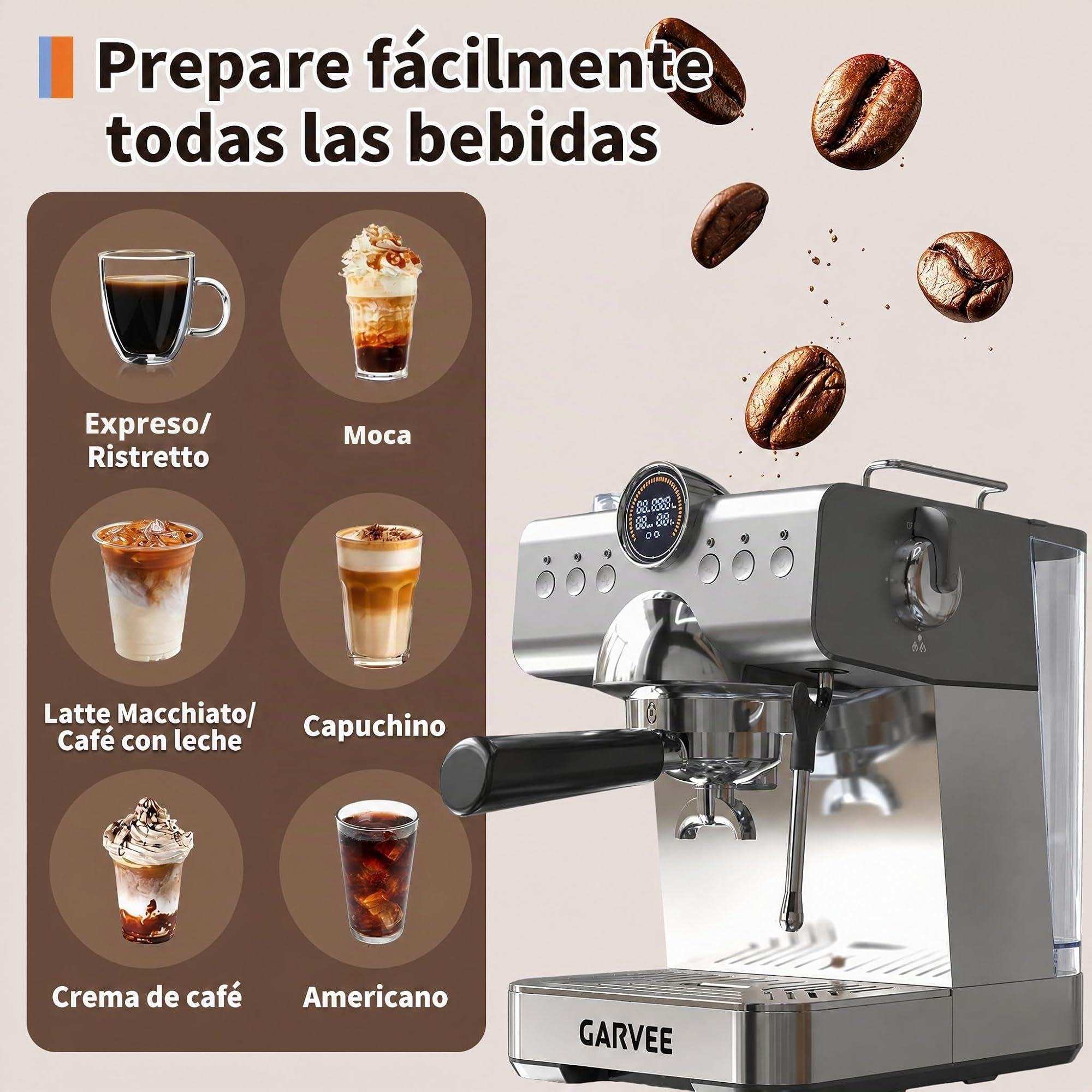 GarveeLife Cafetera Expreso Semiautomática 20 Bares con Vaporizador de Leche - Depósito 1,5L Thermoblock - Ideal para Uso Doméstico, Capuchino y Latte