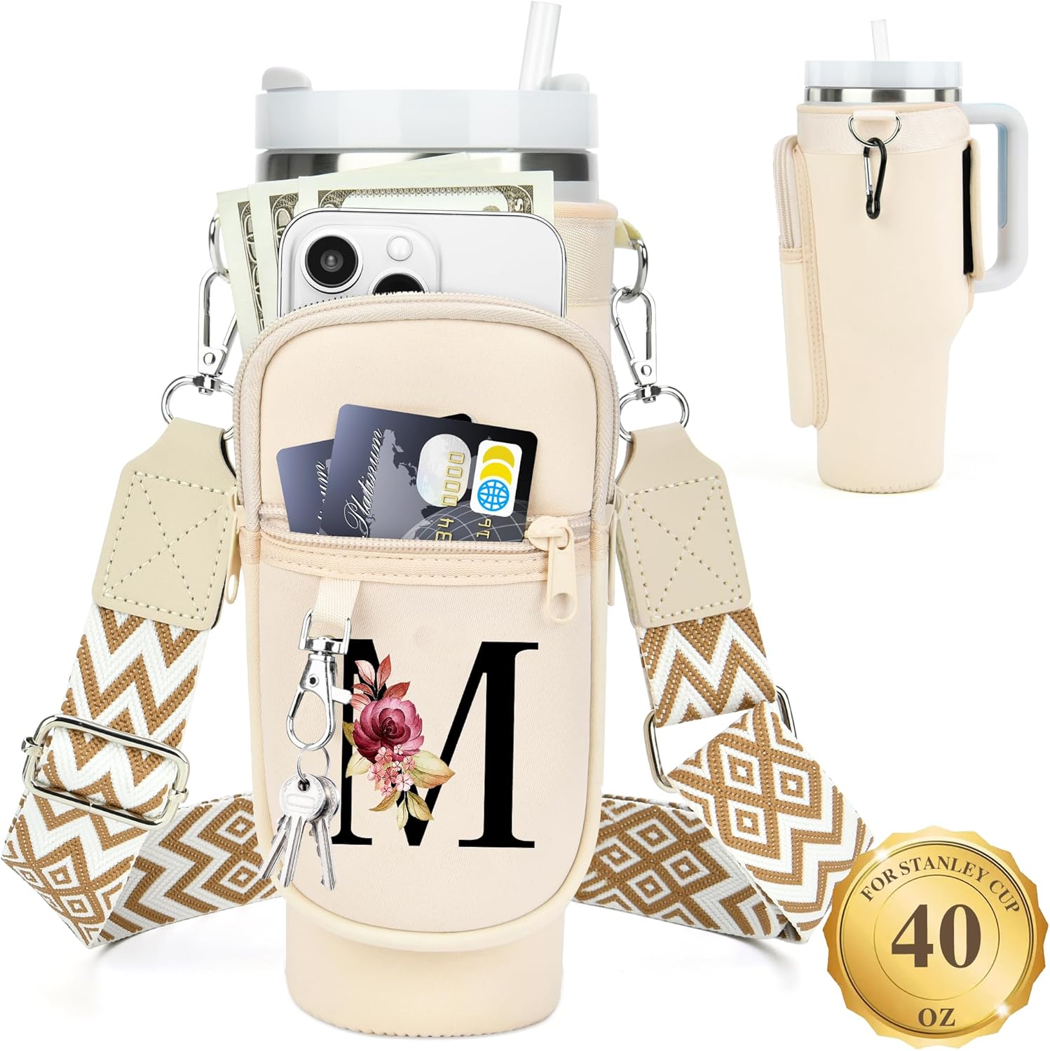 Personalized Water Bottle Holder with Strap for Stanley Cup Accessories 40 oz Tumbler, Initial Water Bottle Carrier Bag W/ Phone Pocket, Ideal Thanksgiving/Christmas/New Year Gifts for Women/Girls