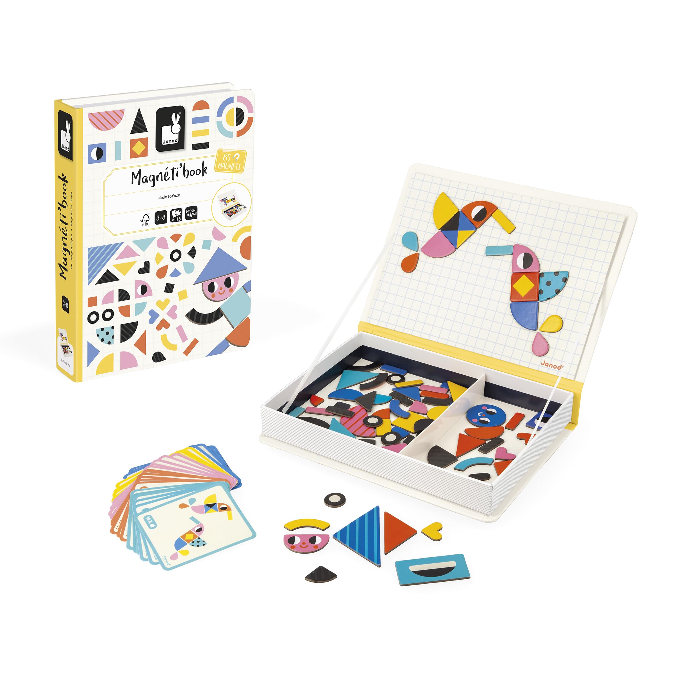 Janod - Magnéti'Book Moduloform - Gioco educativo Magnetico 85 magneti + 30 Modelli - Giocattolo per Bambini in Cartone FSC - Sviluppa destrezza e immaginazione - dai 3 Anni