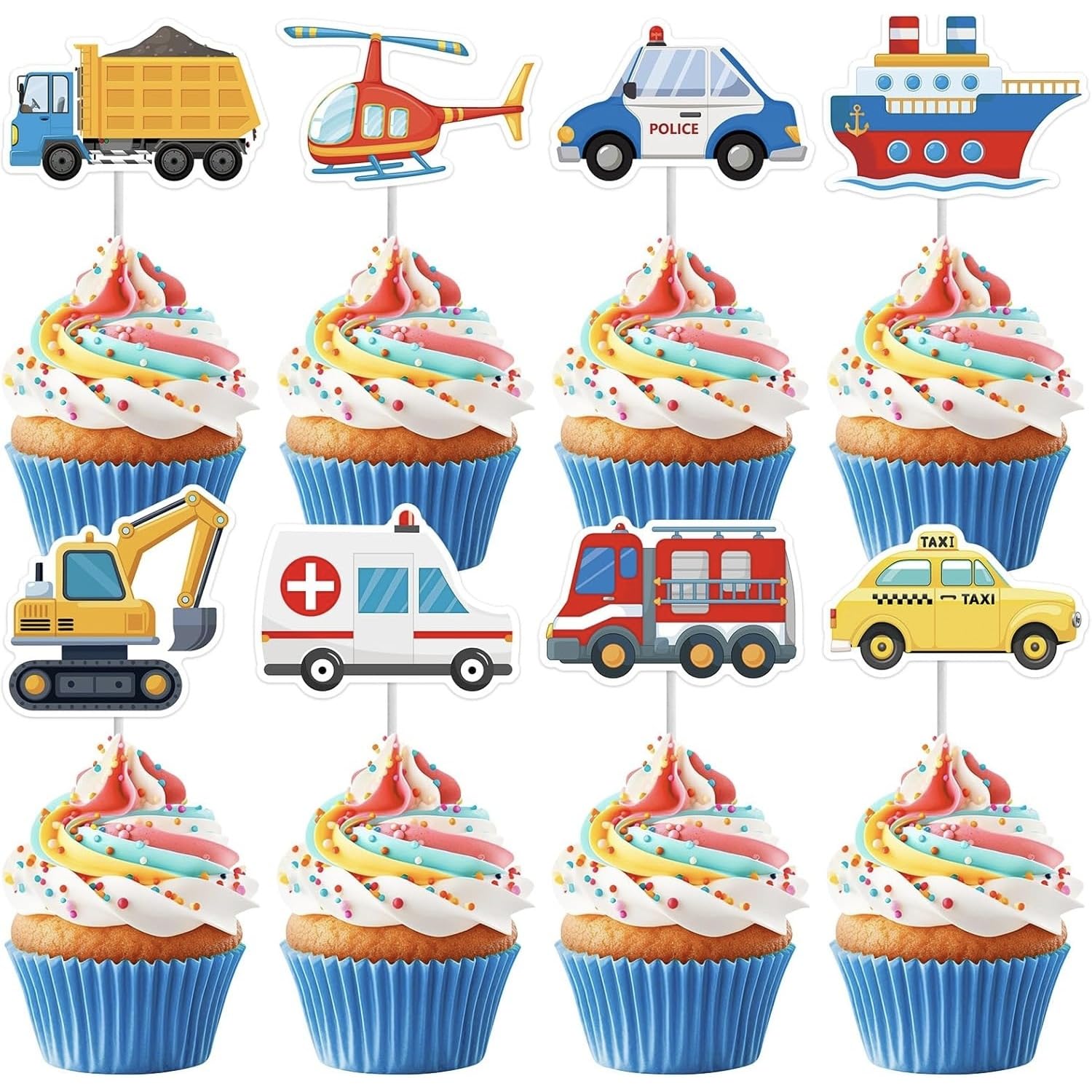 Gaodercha 24Pcs Transportation Cupcake Toppers Vehicle Themed Cake Decor Cars Trucks Airplanes Ships Paper Dessert Picks For Birthday Party Baking Supplies Cake Decoration Accessories