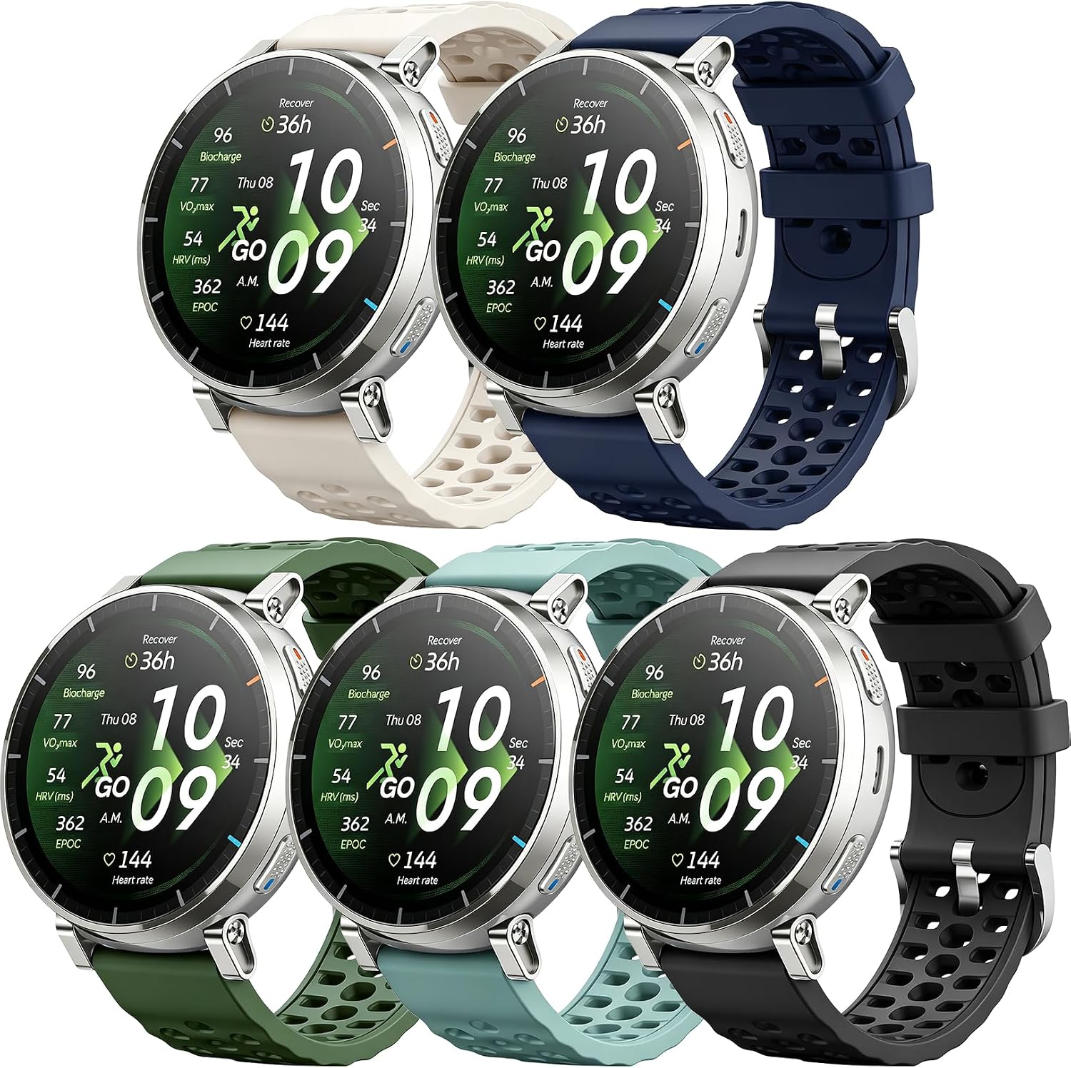 Sports Strap Compatible with Amazfit Active 2 Band/Active 3 Premium/Active, 5 Pack Silicone Breathable Wristband Replacement Strap for GTS 4 3 2 2e & Bip 3 Pro/3/U Pro Men Women