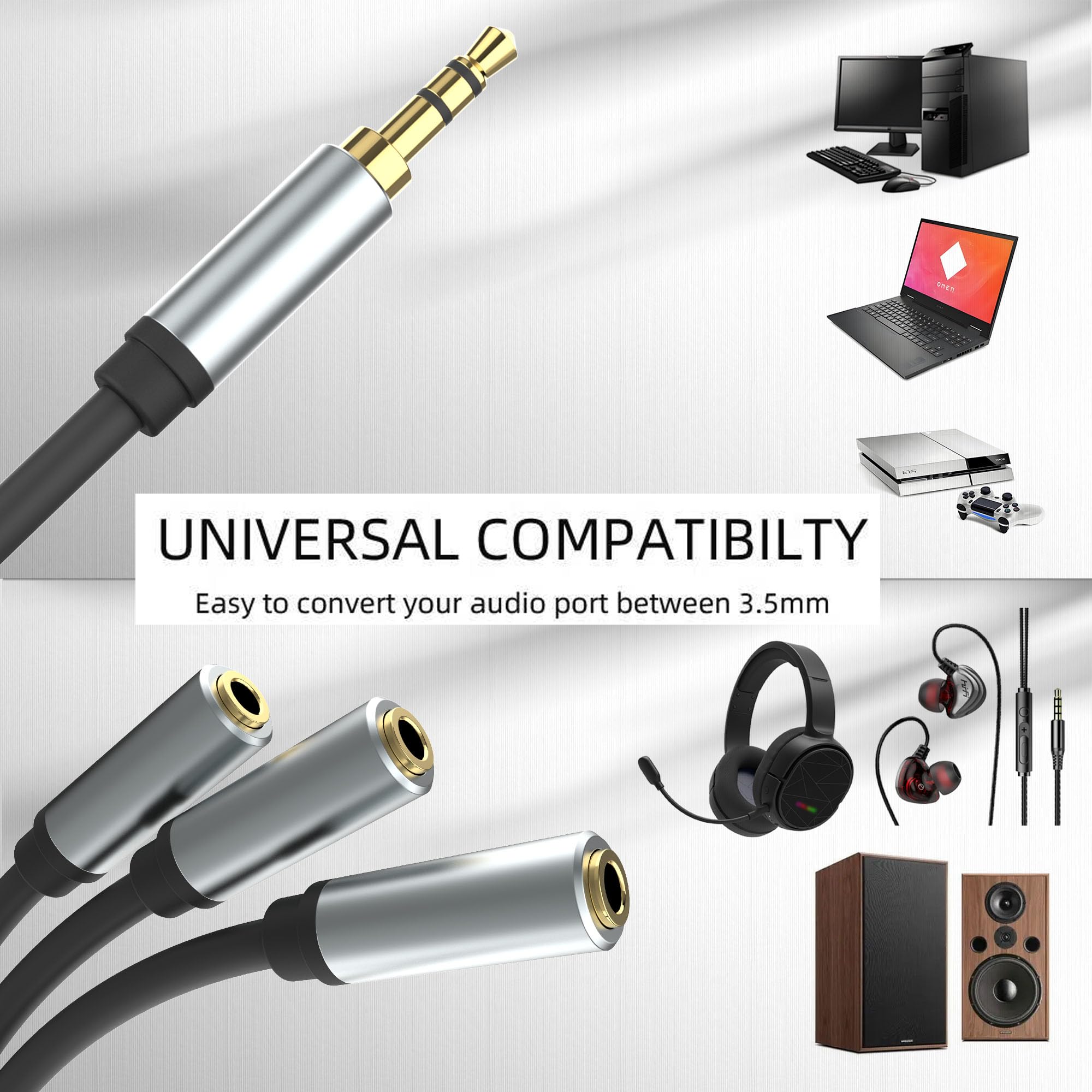 3,5 mm kabel rozdzielacza audio stereo pozłacany, TRS 1 męski na 3 żeński, 3-drożny kabel rozdzielacza audio stereo, 1 wejście 3-biegunowe (3-biegunowe)