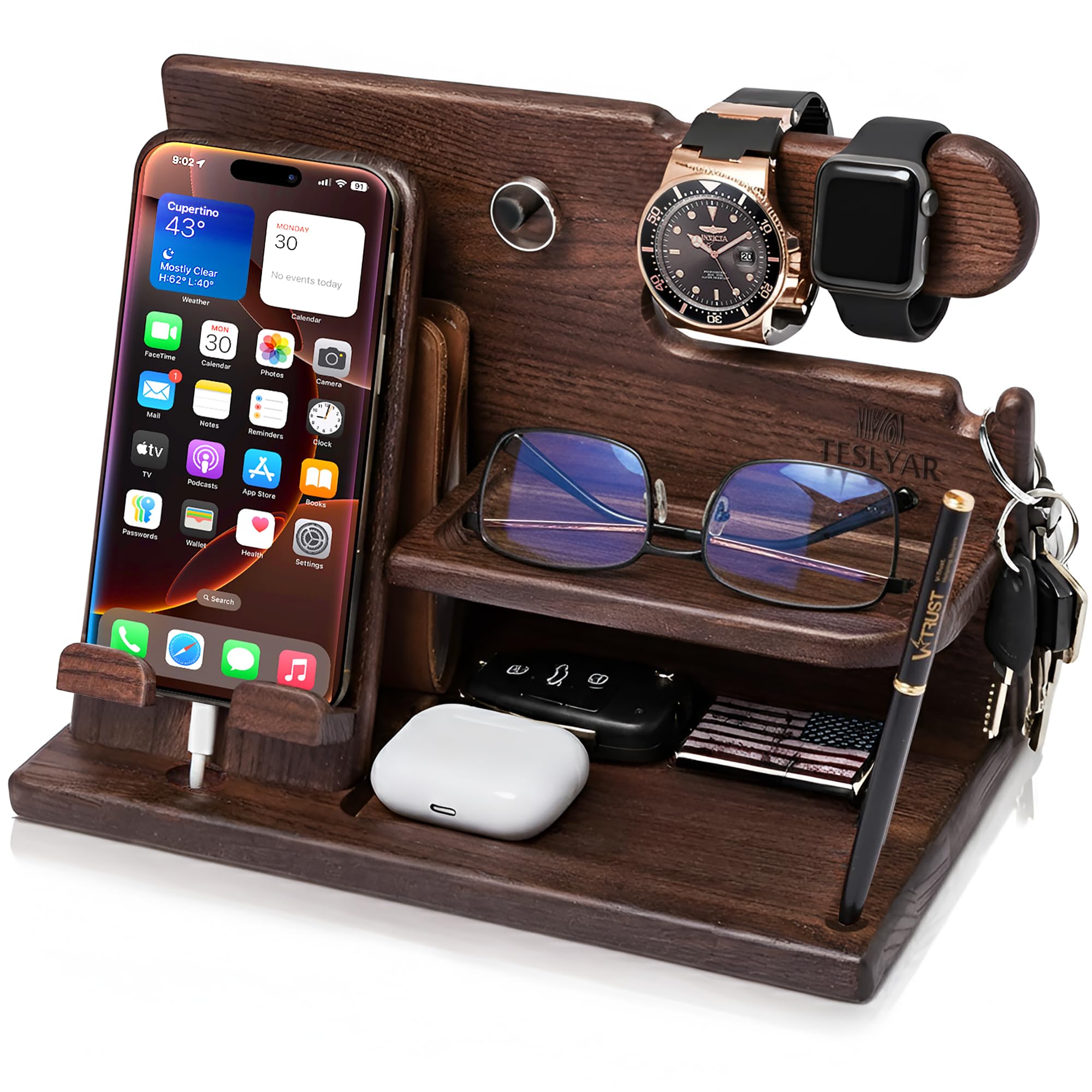 TESLYAR Wood Phone Docking Station for Men - Desk or Nightstand Organizer - Birthday Gifts for Husband, Dad - Anniversary Idea from Wife - Key Holder, Stand Wallet, Watch & Essentials (Bourbon Brown)