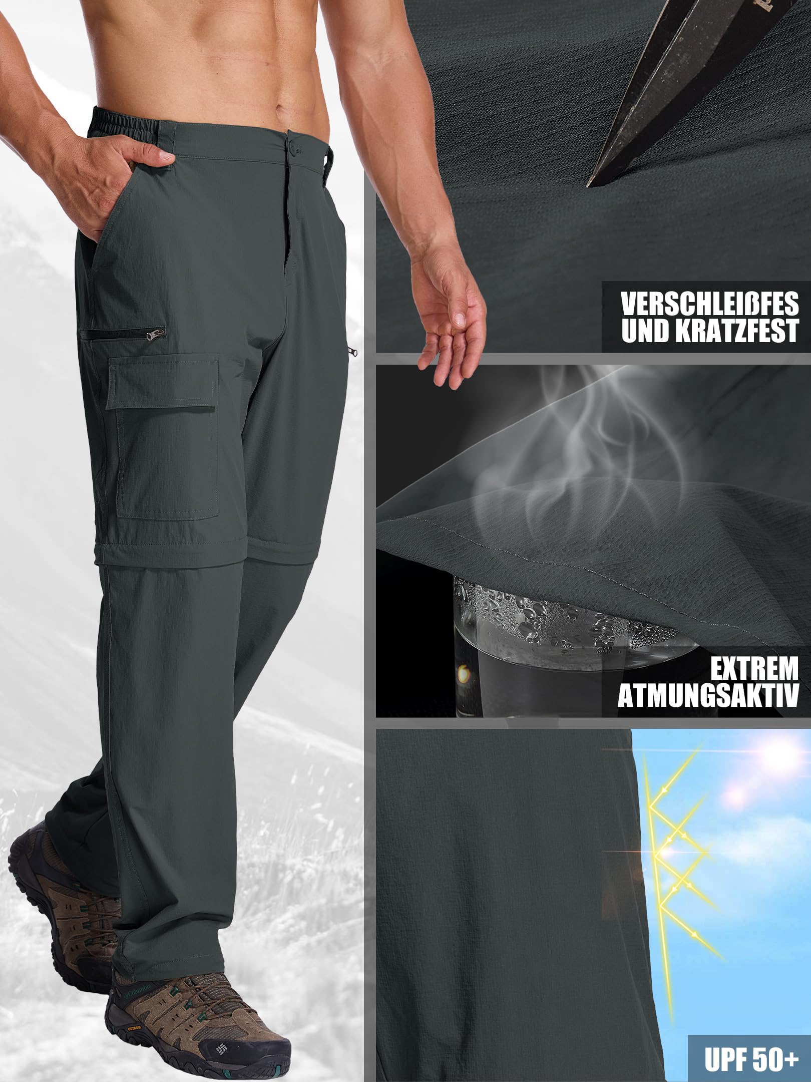 Pantalón Hombre Convertible, Pantalón de Senderismo Verano Ligero Transpirable de Secado Rápido Desmontable, Cargo 6 Bolsillos para Senderismo, Trekking, Ciclismo, Viaje, Camping