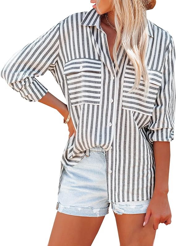 OMSJ Women's Striped Button Down Shirts Casual Long Sleeve Stylish V