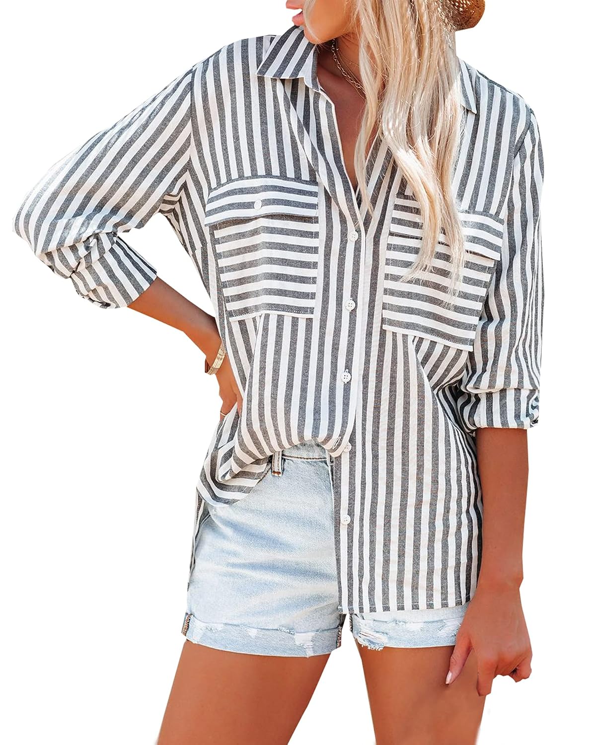 OMSJ Women's Striped Button Down Shirts Casual Long Sleeve Stylish V Neck Blouses Tops with Pockets - Review, Price and Buying Guide