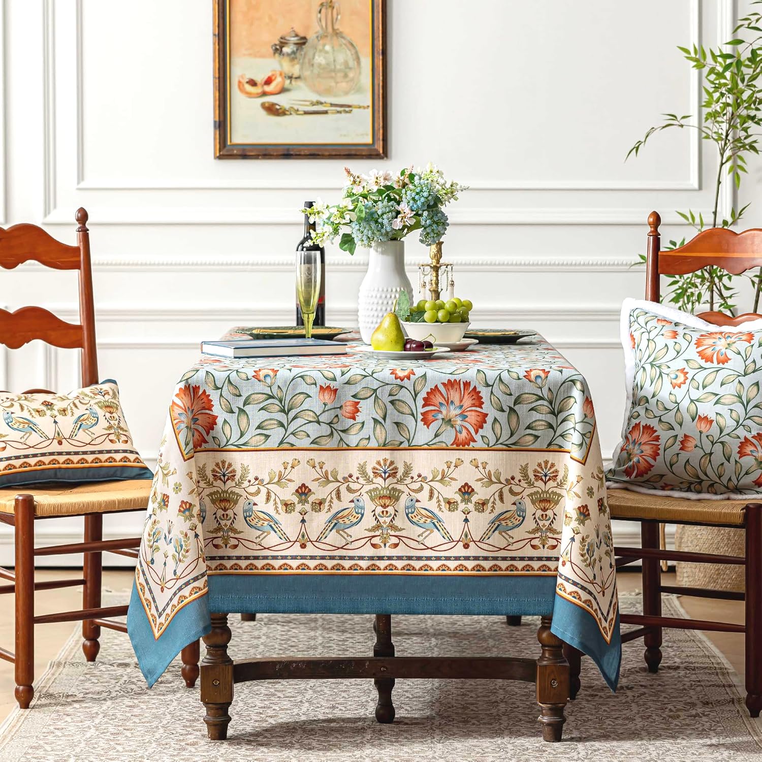 Designer French Linen Table Cloth for Rectangle Tables,Vintage Iris Floral Pattern Tablecloth,Colorful Table Cover for Kitchen Dining,Fall Holiday,Thanksgiving, 55x71 - Image 4