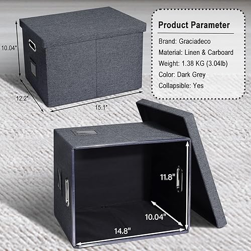 Vista 17 de Organizador de archivos, caja de almacenamiento plegable con tapa para carta, tamaño legal, carpetas colgantes decorativas de lino, caja de carpetas