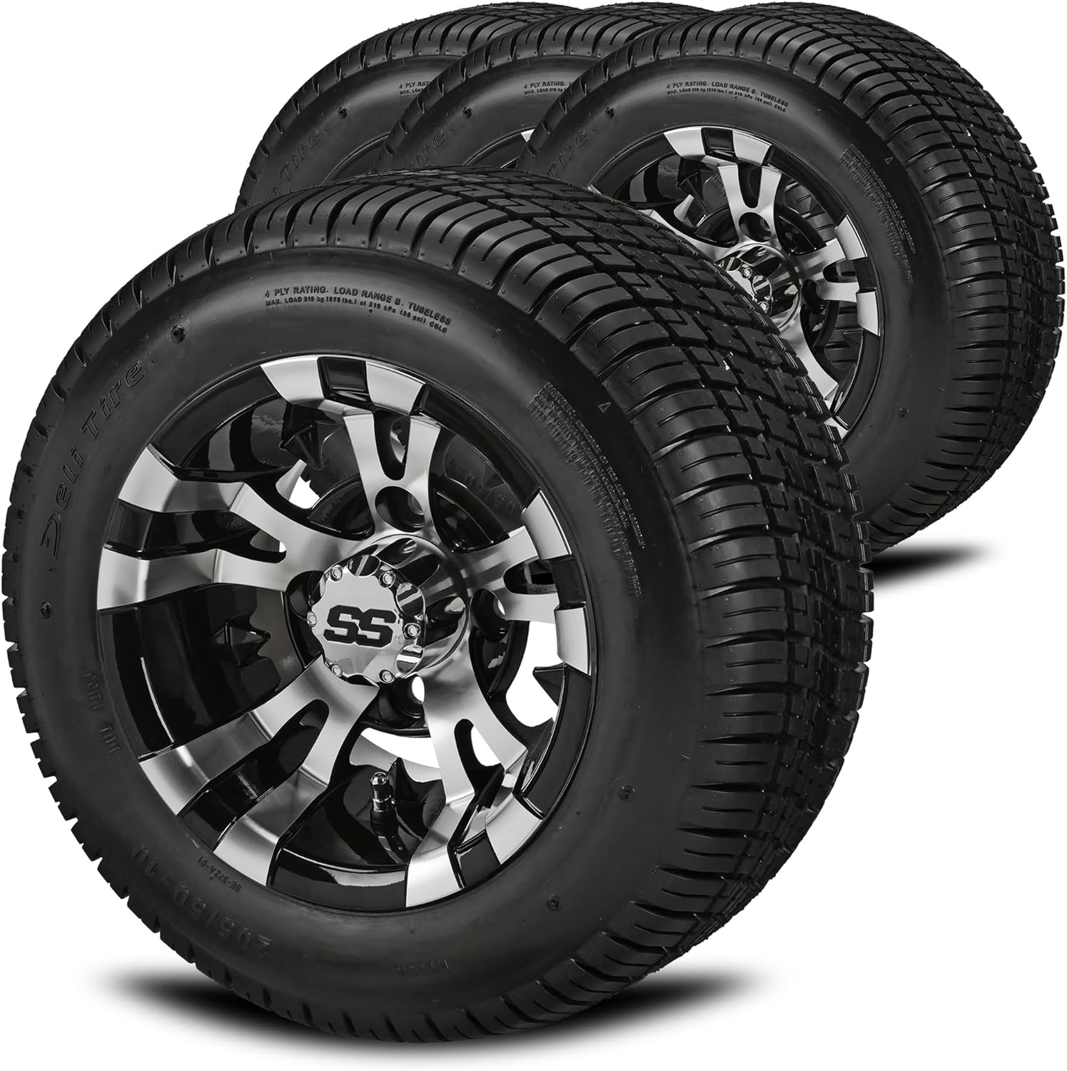 RM Cart 10″ Warlock Black/Machined on 205/50-10 Deli Low Profile Tires (Set of 4) | Golf Cart Tires and Wheels Combo with Standard Lug Nuts RM Cart 10″ Warlock Black/Machined on 205/50-10 Deli Low Profile Tires (Set of 4) | Golf Cart Tires and Wheels Combo with Standard Lug Nuts