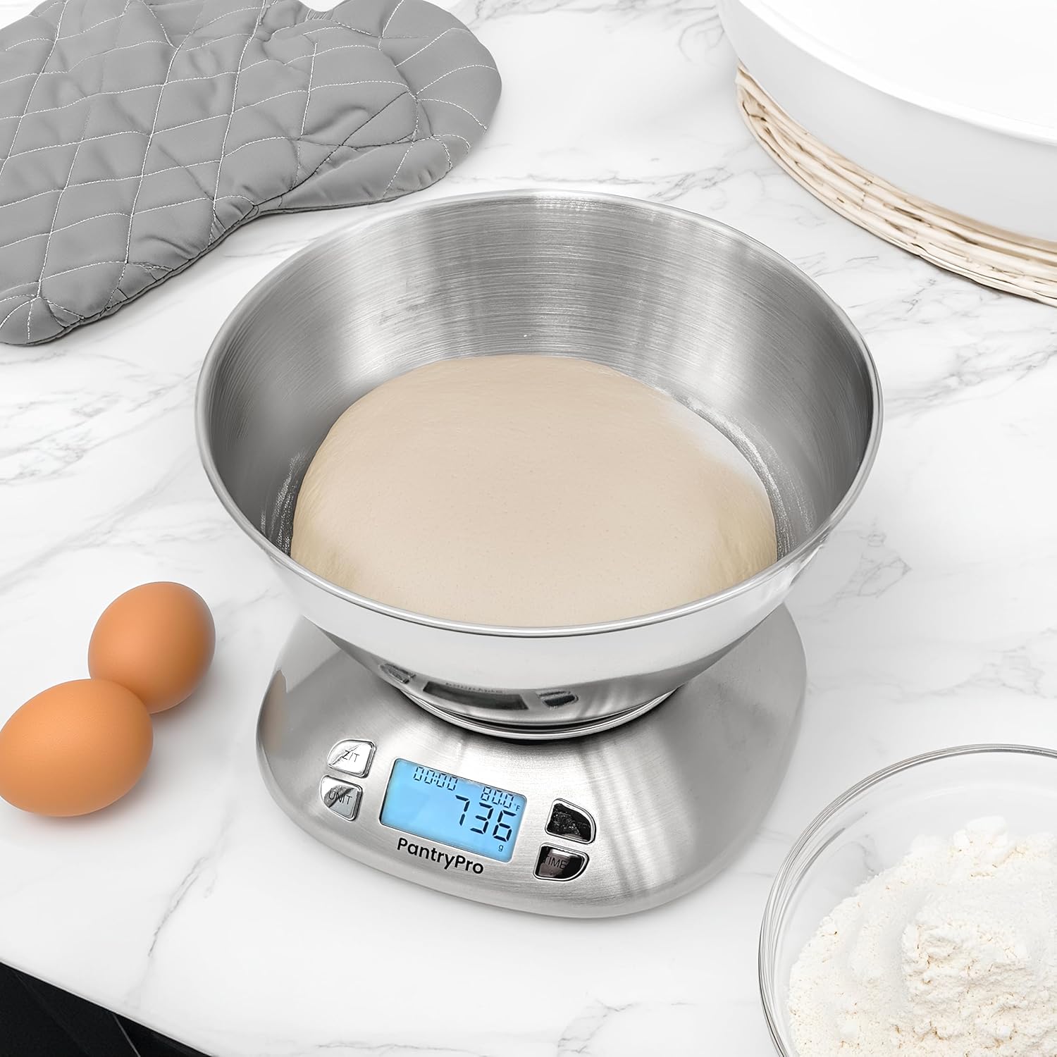 PantryPro Digital Kitchen Scale with Bowl - Stainless Steel 12lbs Capacity - LCD Display Grams and Ounces Battery Included