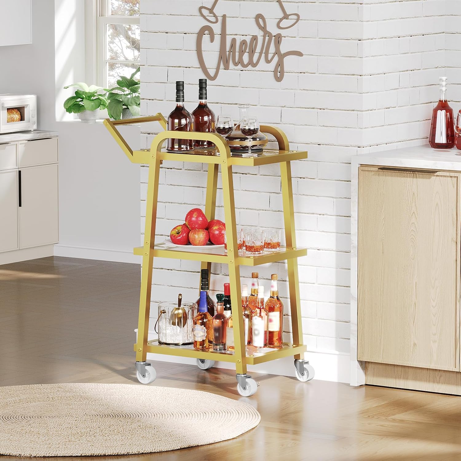 Bar Cart, 3-Tier Serving Cart for Home, Mobile Drink Cart with Wheels, Rolling Kitchen Cart, for Home Bar, Party, Living Room, Gold BC07GD