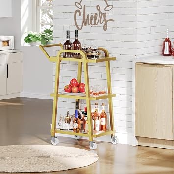 YATINEY Bar Cart, 3-Tier Serving Cart for Home, Mobile Drink Cart with Wheels, Rolling Kitchen Cart, for Home Bar, Party, Living Room, Gold BC07GD