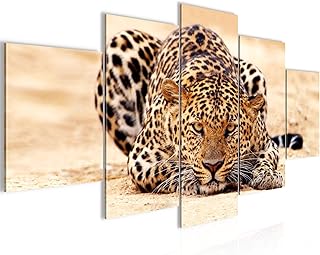 Runa Art - Quadri Africa Leopardo 200 x 100 cm 5 Pezzi XXL Decorazione Murale Design Seppia Beige 000351b