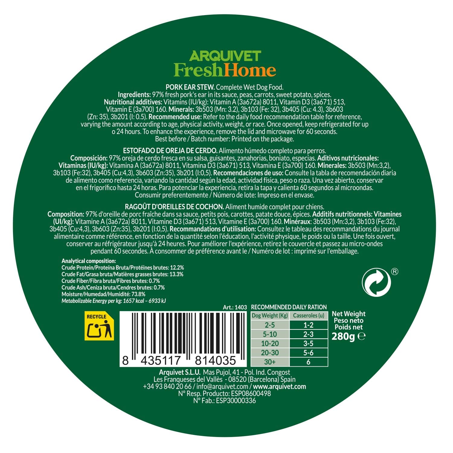 ARQUIVET Pack 9 Unidades - FreshHome - Estofado de Oreja de Cerdo para Perro - 280g - Alimento húmedo Completo para Perros