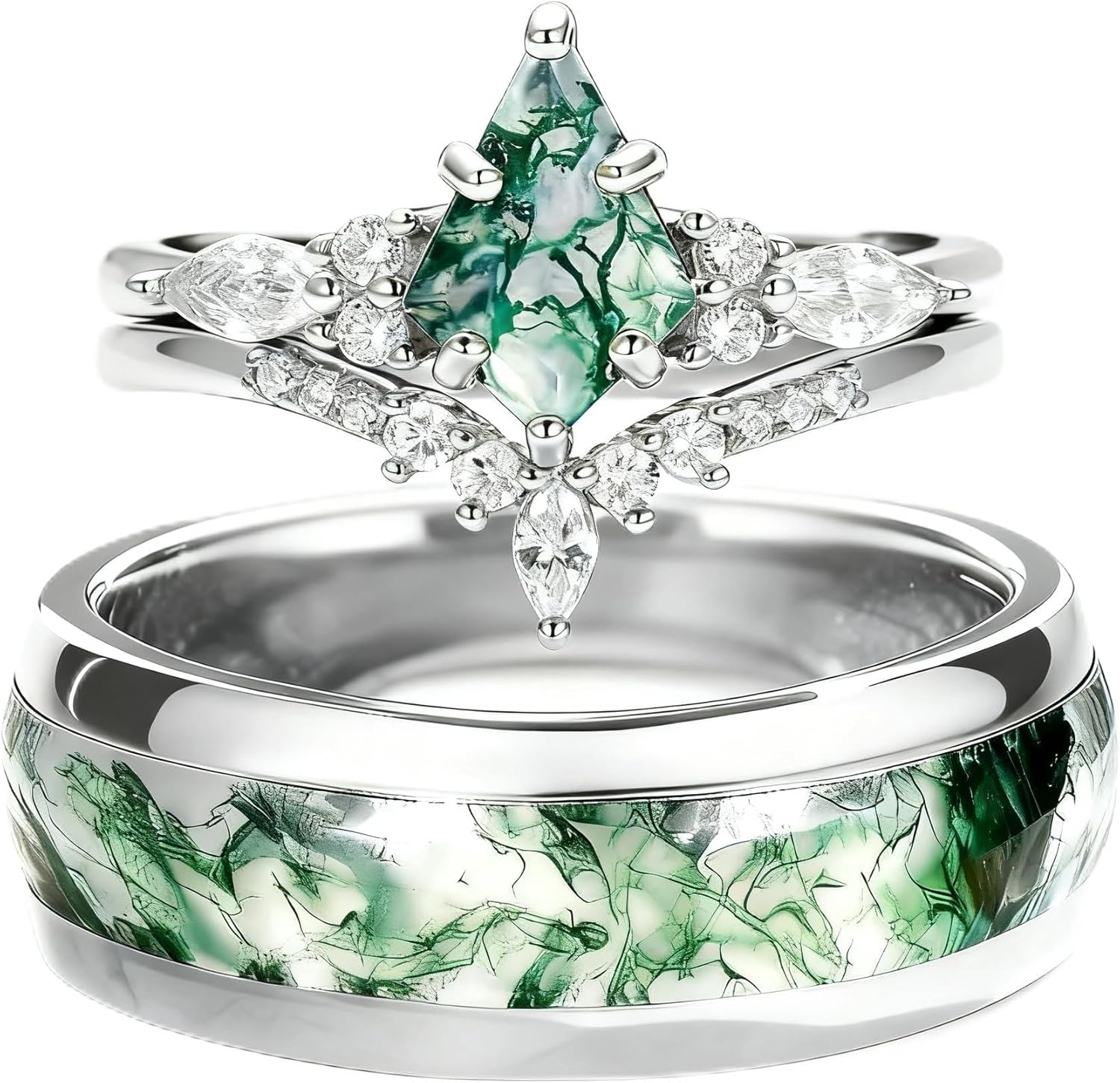 3Pcs Natural Moss Agate Wedding Rings for Couple, s925 Sterling Silver Couple Rings Kite Cut Customized Promise Bands Sets for Him and Her for Anniversary Engagement Wedding, Moss Silver