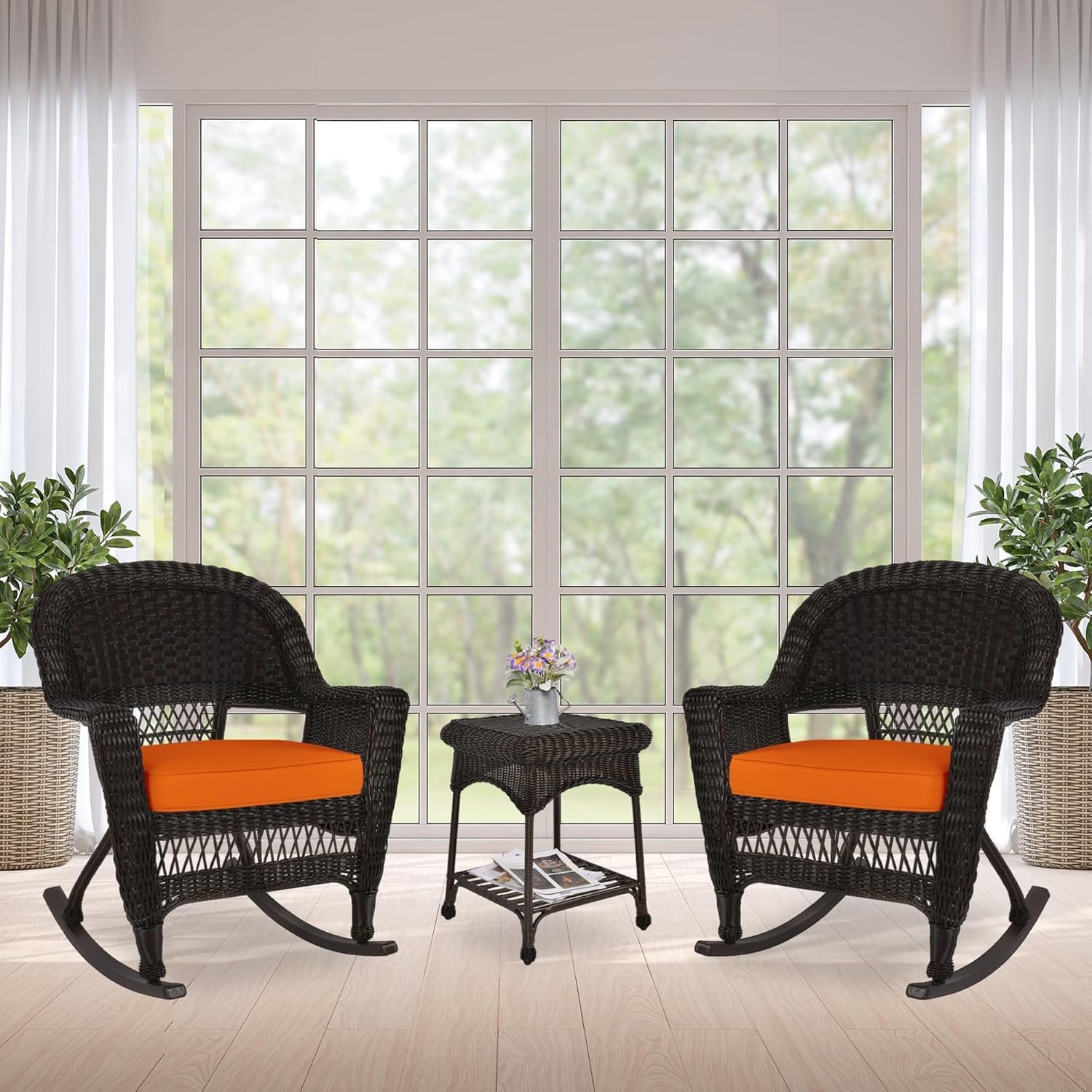 Jeco 3 Piece Rocker Wicker Chair Set With With Orange Cushion, Espresso