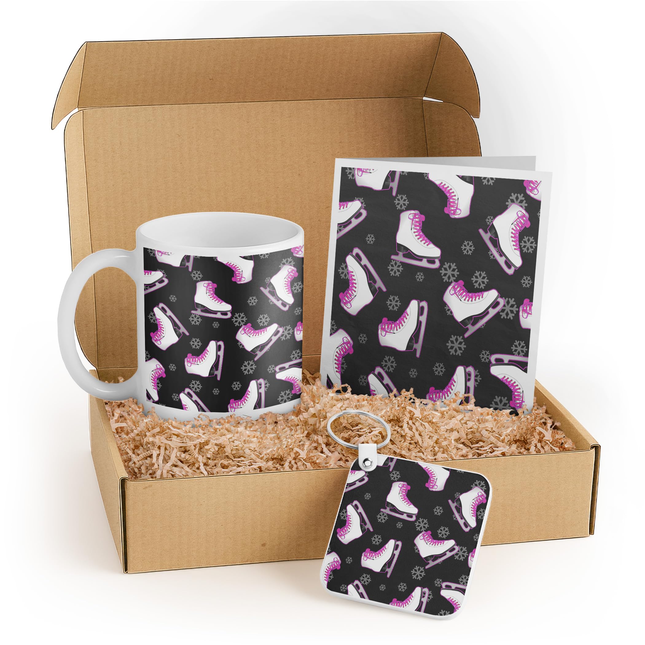 3dRose Figure Skating Gift Set with Mug, Keychain, and Card – Black and Pink Skate Design – Ideal Gift for Girls and Figure Skaters